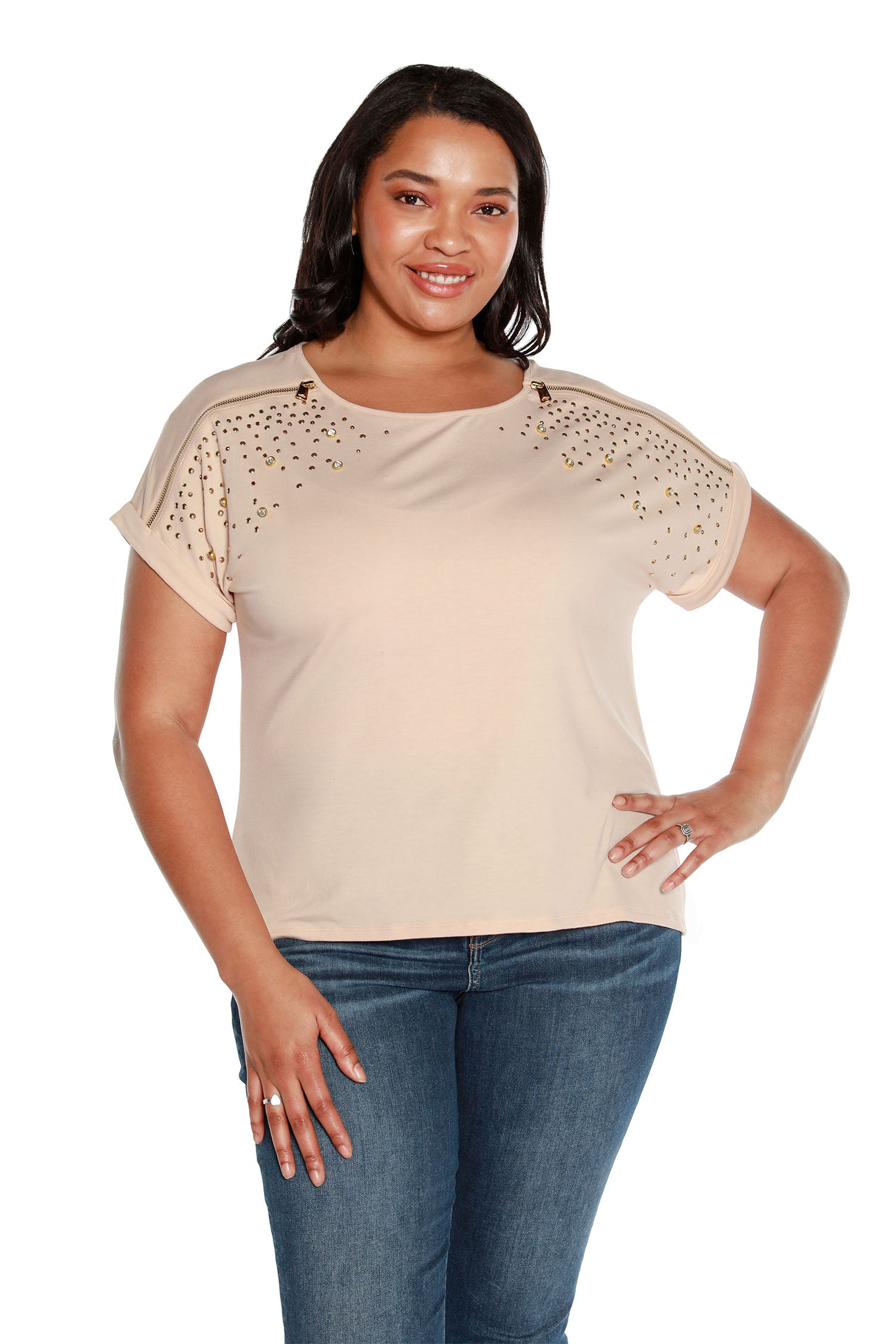Women's Cap Sleeve Top with Zippers, Rhinestone and Stud Embellishments | Curvy