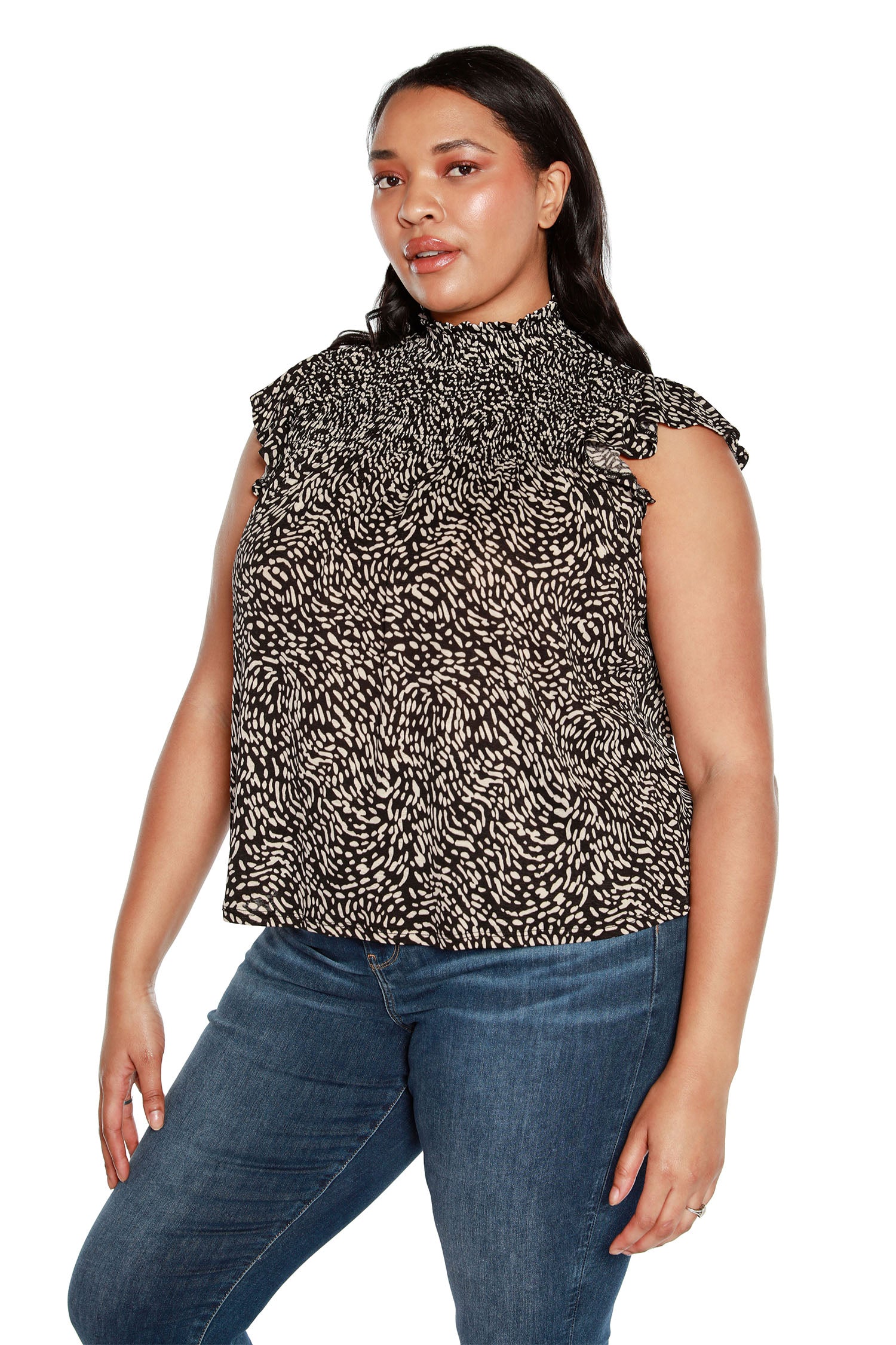 Women's Cap Sleeve Top in a Modern Print with Ruching Detail Below the Mock Neck | Curvy