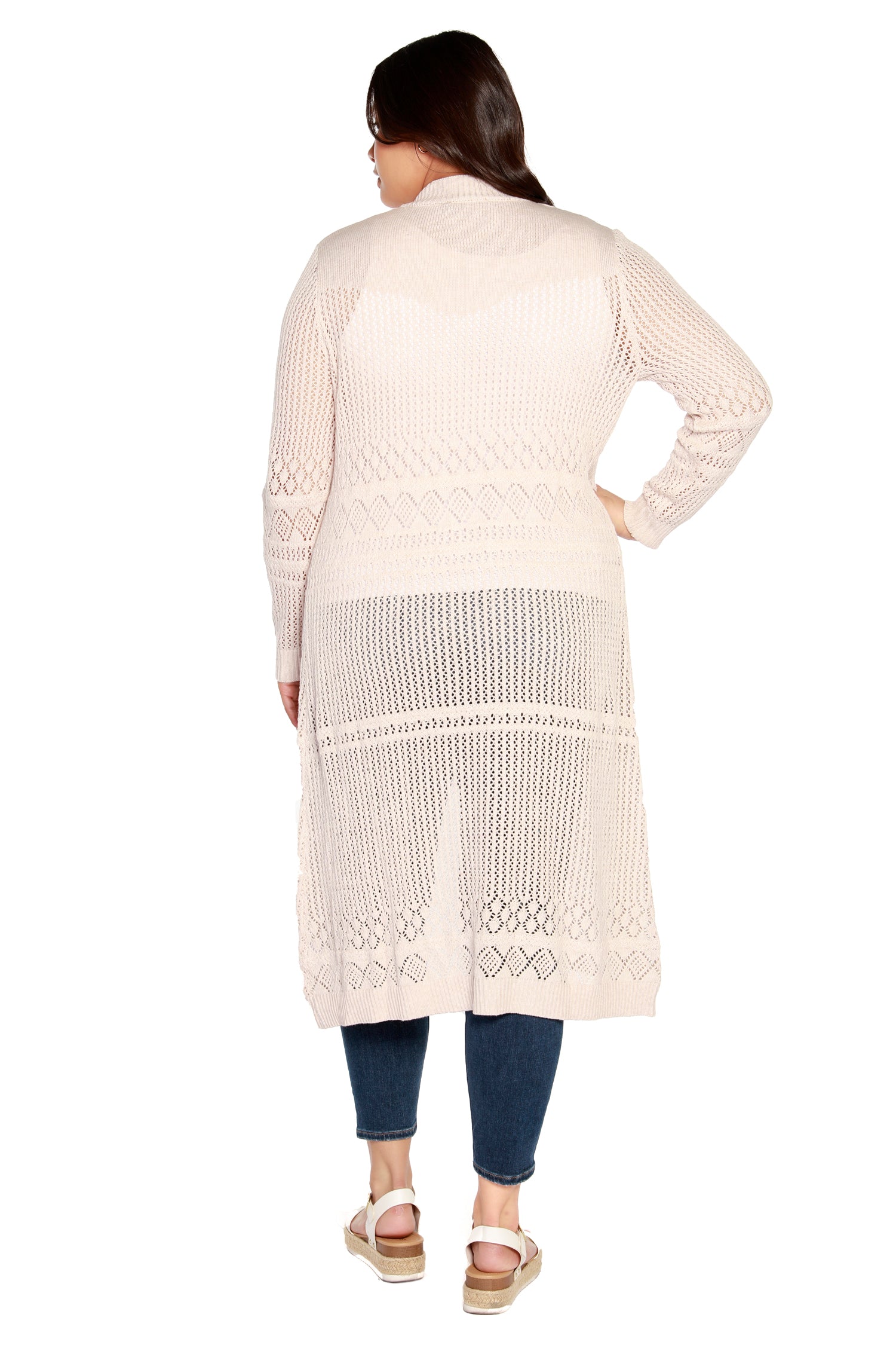Women's Duster Cardigan in a Crochet Pointelle Stitch Long Sleeves and an Open Front  | Curvy