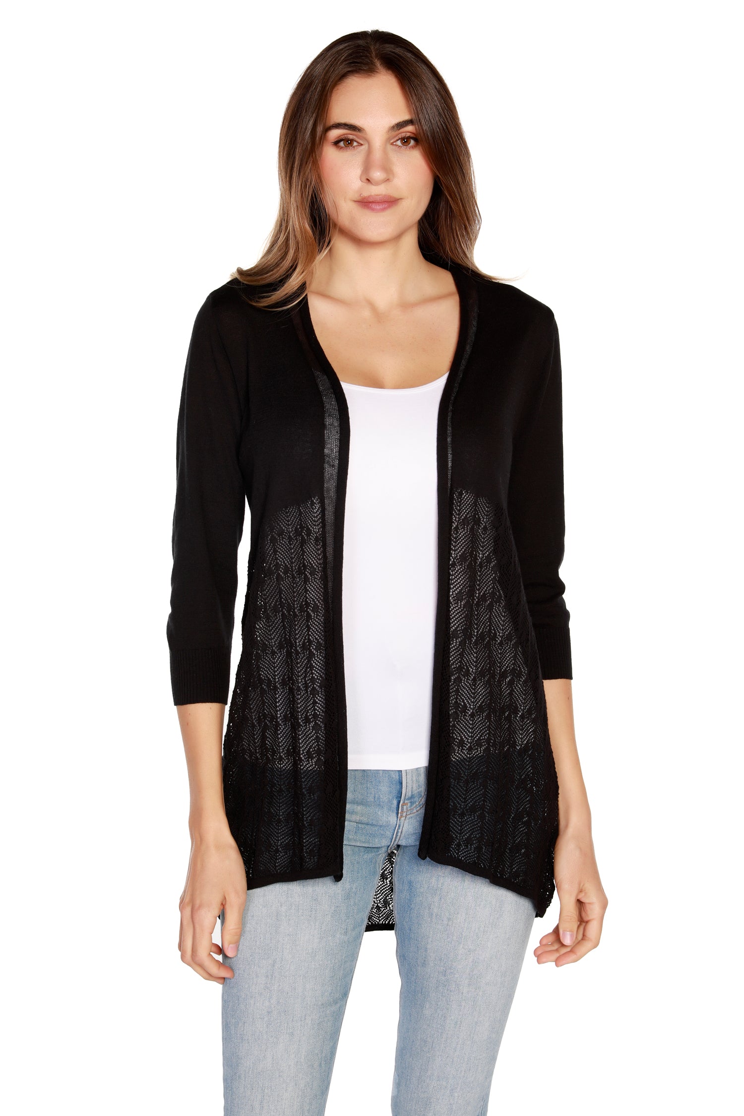 Women’s Open Front Semi-Sheer Lacey Pointelle High-Low Cardigan