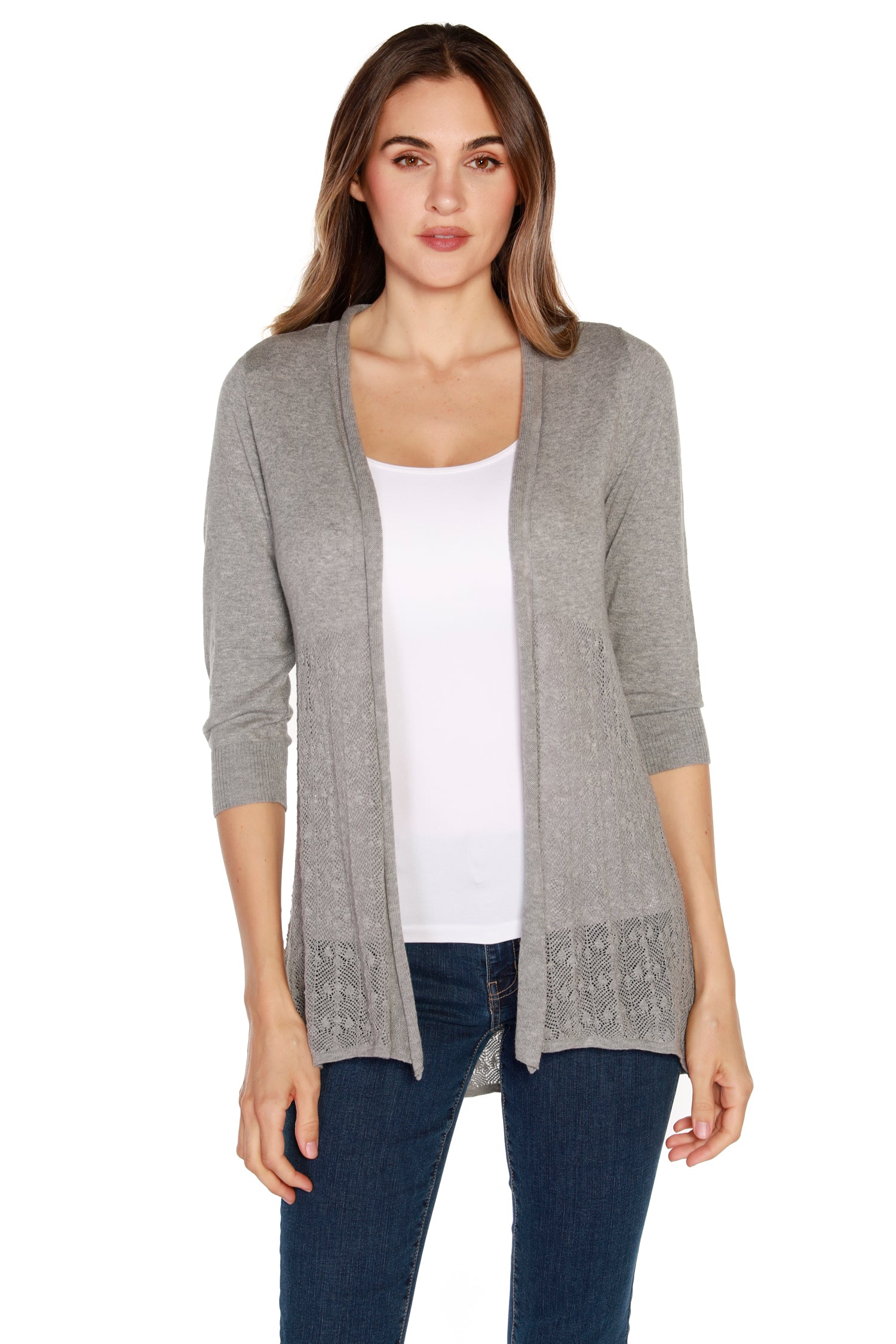 Women's Hi Low Cardigan Sweater in a Lightweight Knit with a Semi-Sheer Pointelle Stitch