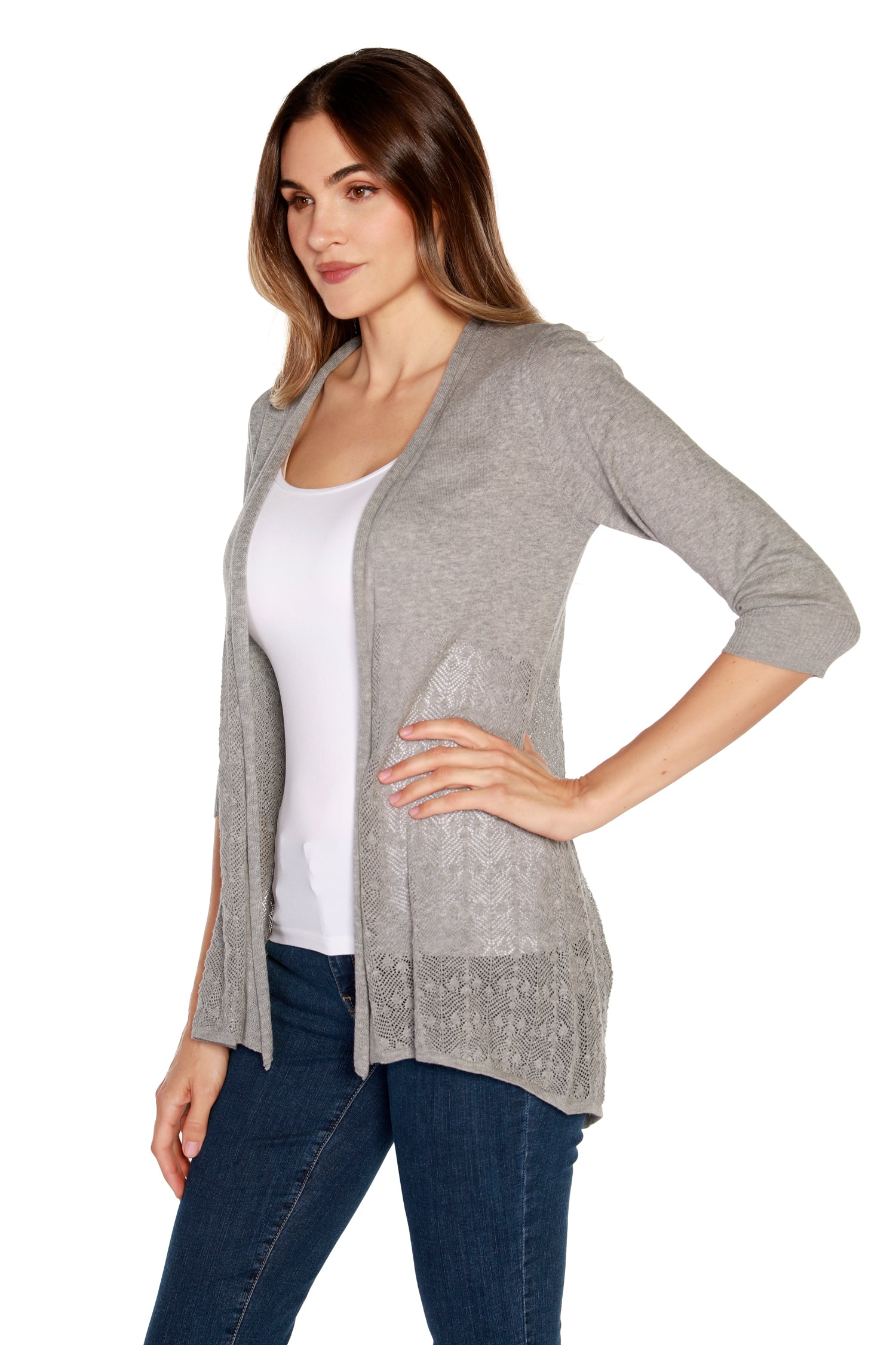 Women's Hi Low Cardigan Sweater in a Lightweight Knit with a Semi-Sheer Pointelle Stitch