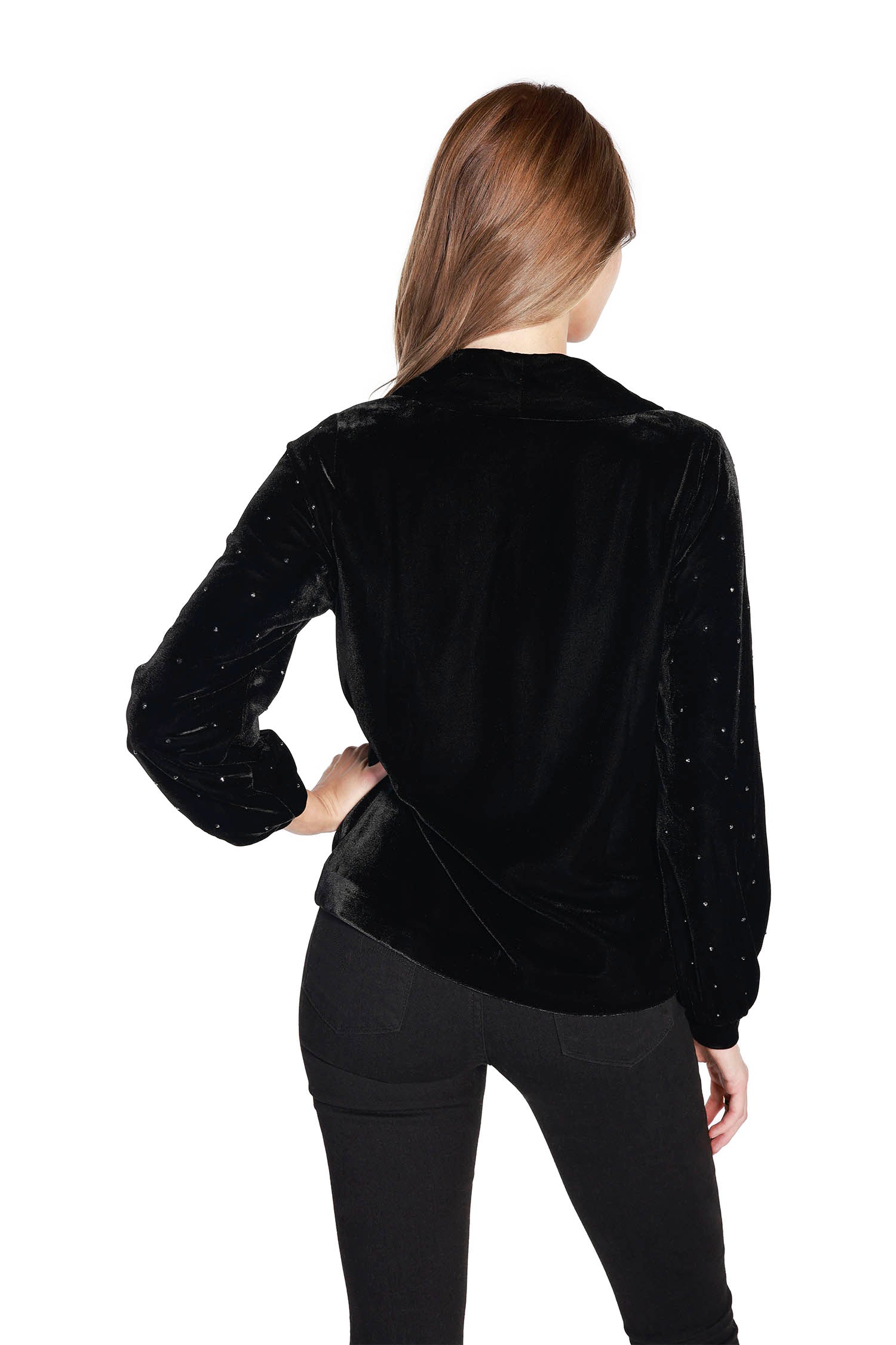 Women's Classic Stretch Velvet One Button Blazer with Blouson Sleeves and Rhinestone Detailing - LAST CALL