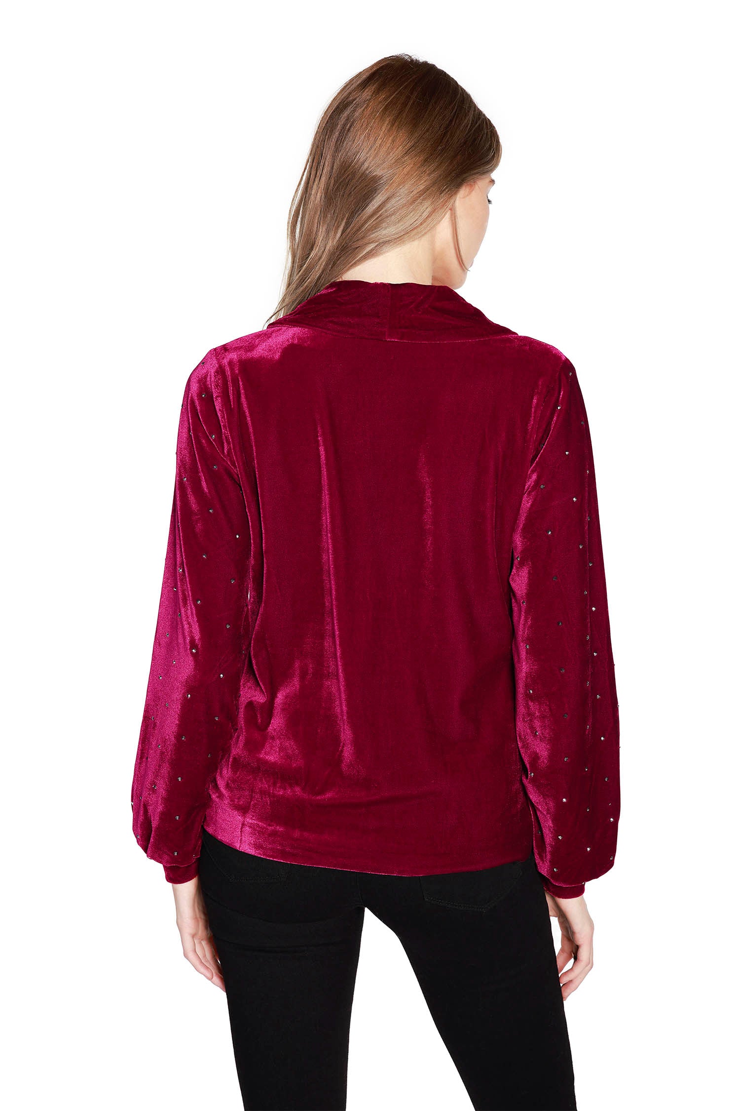 Women's Classic Stretch Velvet One Button Blazer with Blouson Sleeves and Rhinestone Detailing - LAST CALL