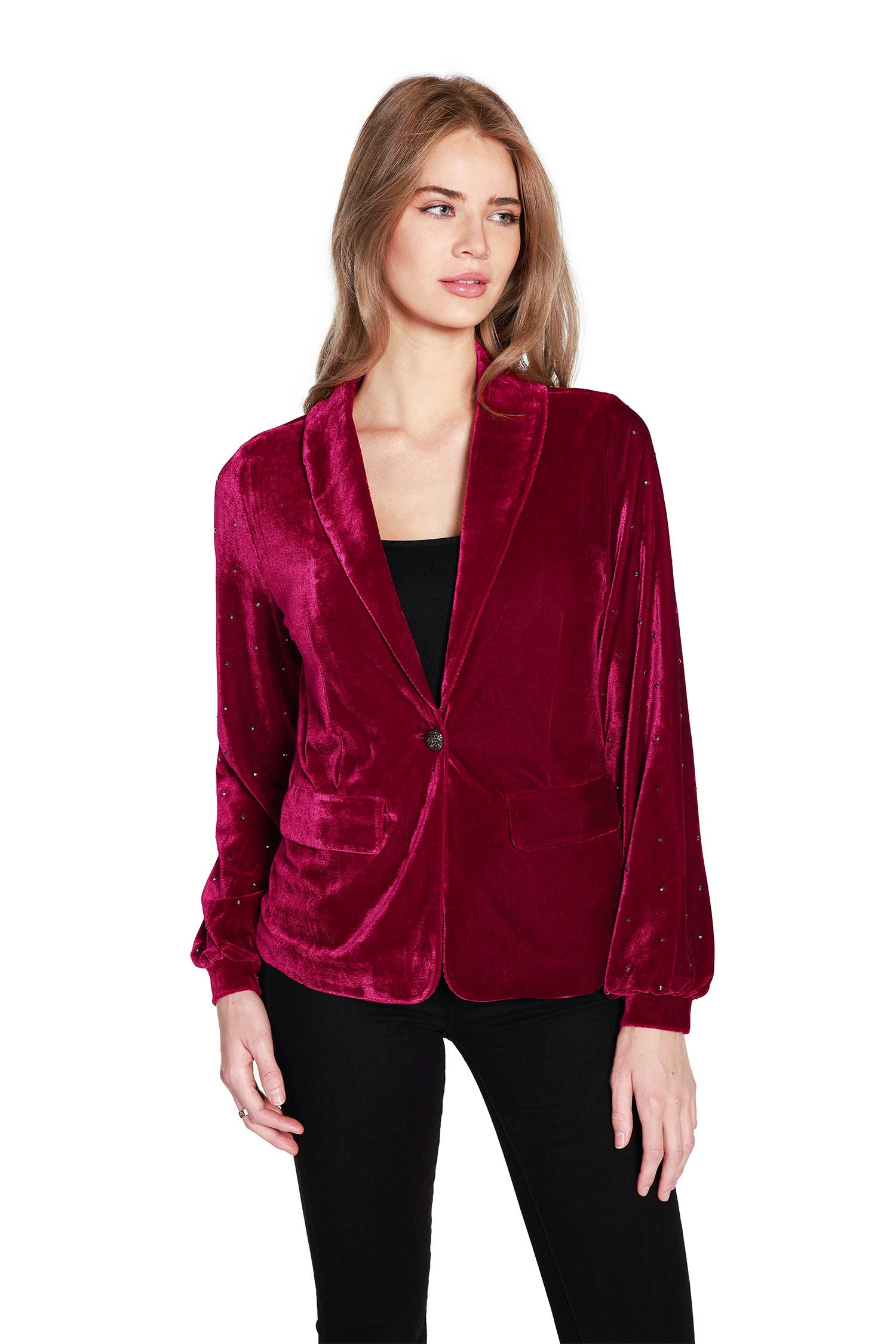Women's Classic Stretch Velvet One Button Blazer with Blouson Sleeves and Rhinestone Detailing - LAST CALL