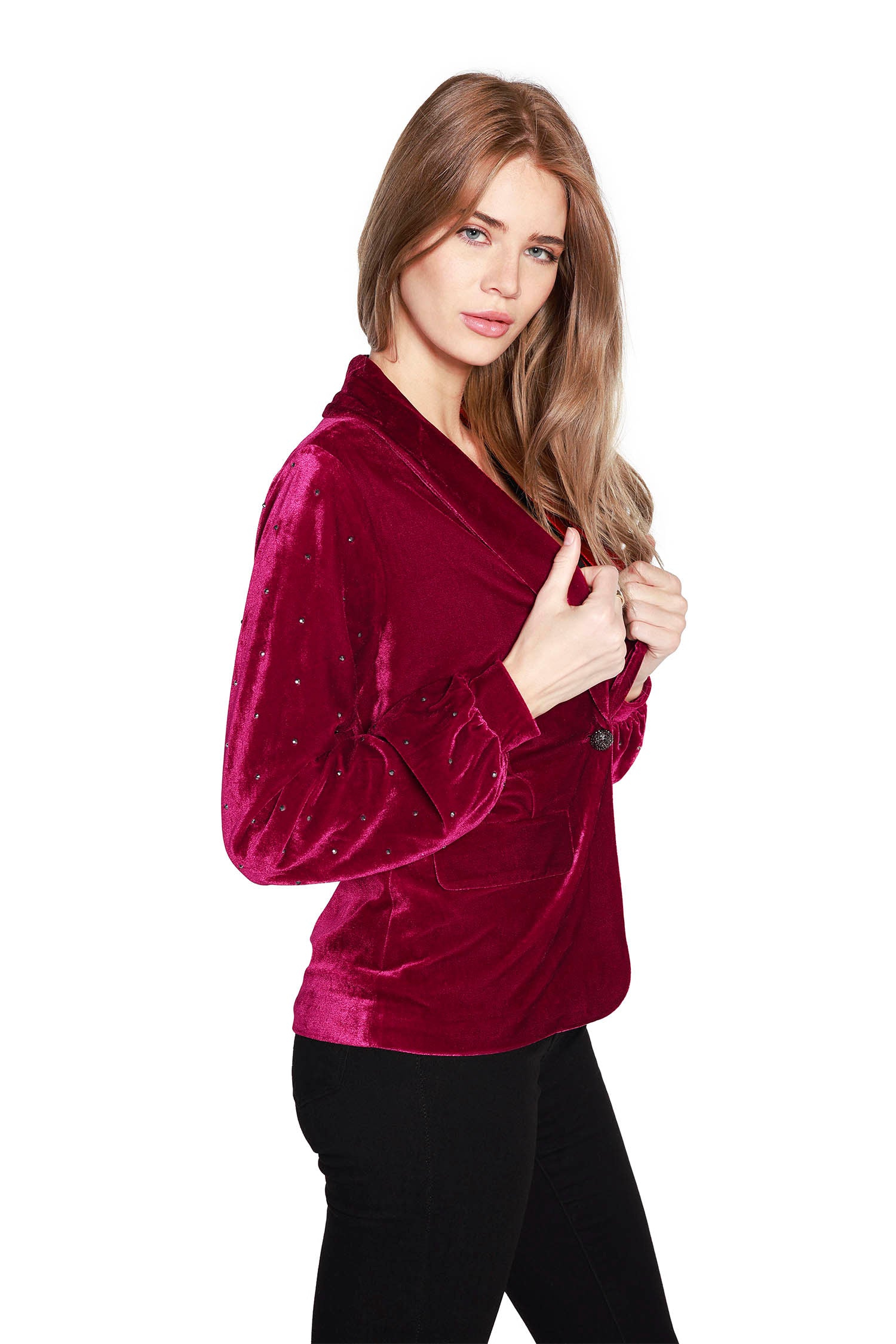 Women's Classic Stretch Velvet One Button Blazer with Blouson Sleeves and Rhinestone Detailing - LAST CALL