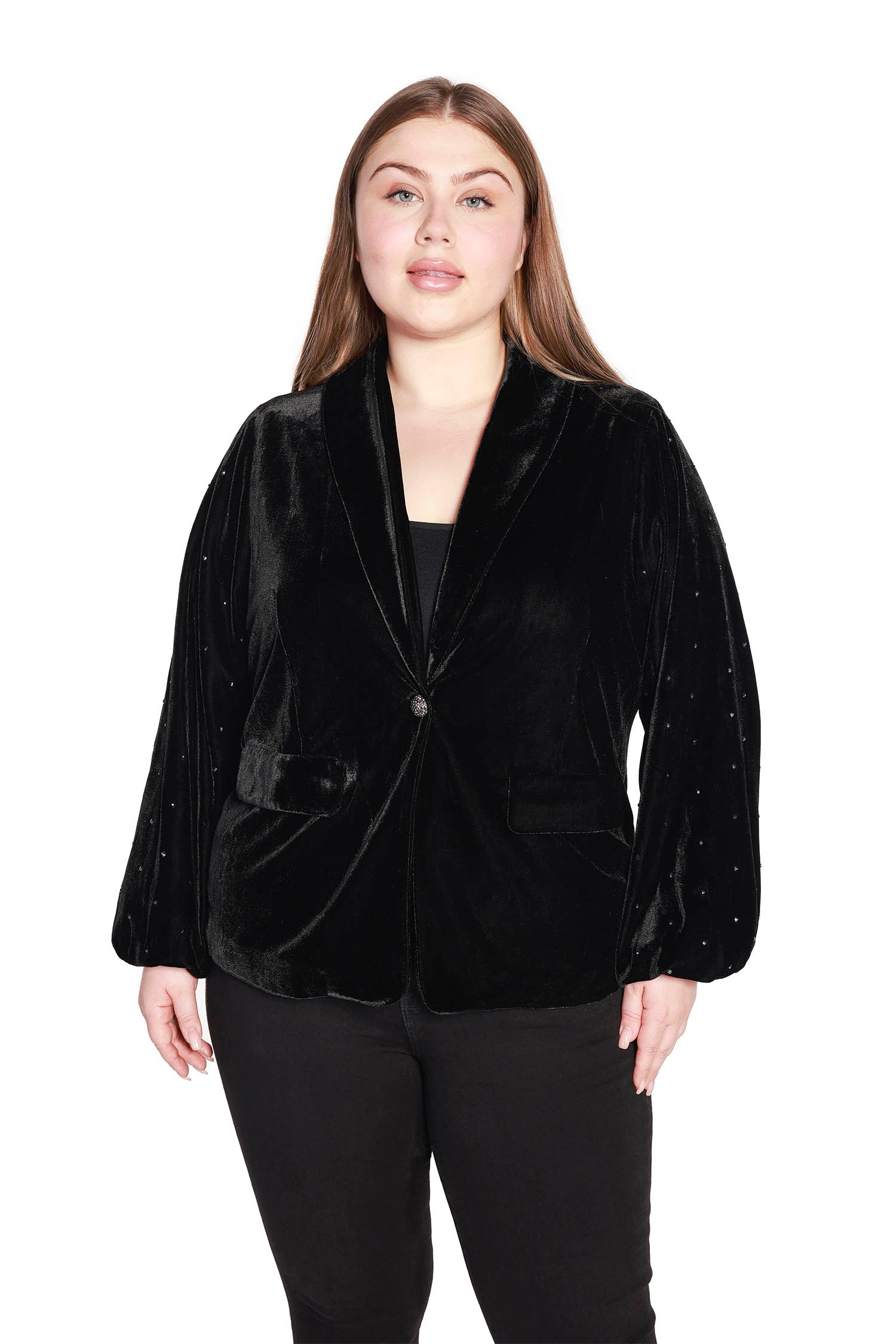 Women's Classic Stretch Velvet One Button Blazer with Blouson Sleeves and Rhinestone Detailing | Curvy - LAST CALL
