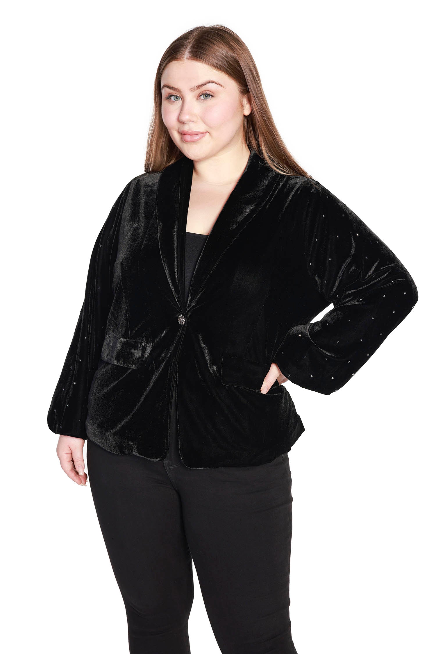 Women's Classic Stretch Velvet One Button Blazer with Blouson Sleeves and Rhinestone Detailing | Curvy - LAST CALL