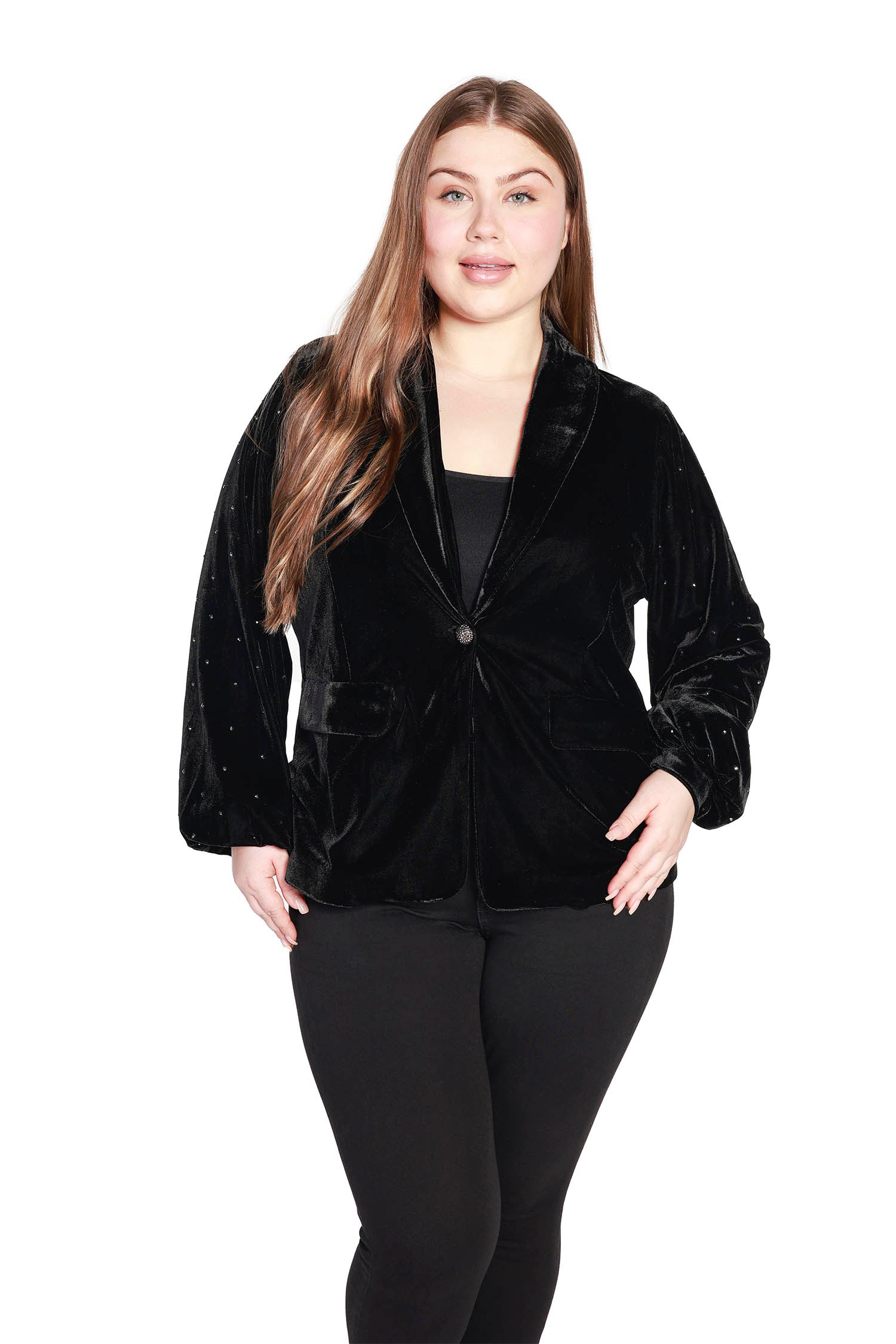 Women's Classic Stretch Velvet One Button Blazer with Blouson Sleeves and Rhinestone Detailing | Curvy - LAST CALL