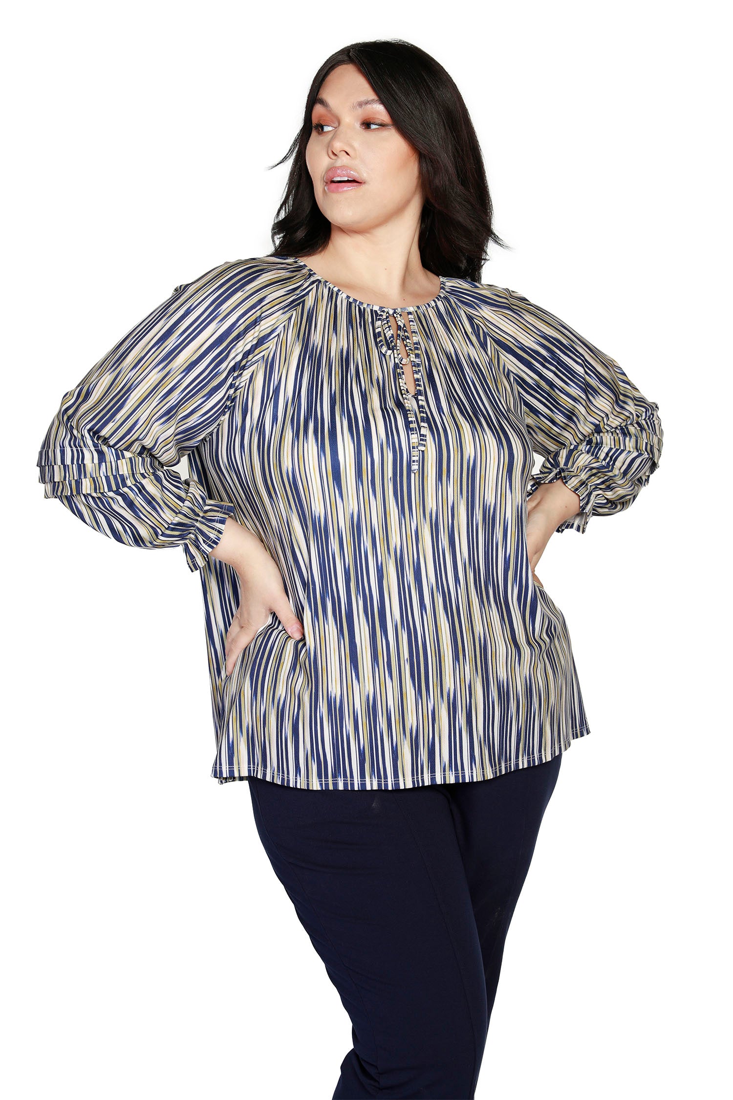 Women's Striped Knit Raglan Peasant Top with Keyhole Neck | Curvy - LAST CALL