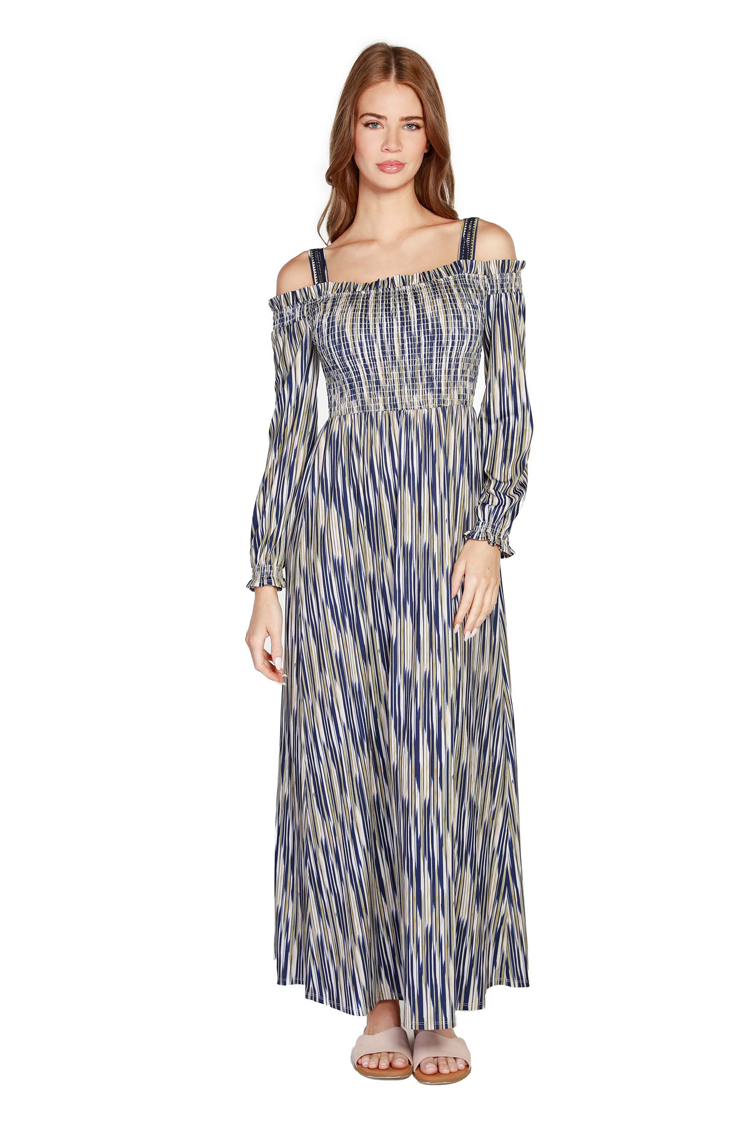 Women's Cold Shoulder Striped Knit Smocked Maxi Dress  |  LAST CALL