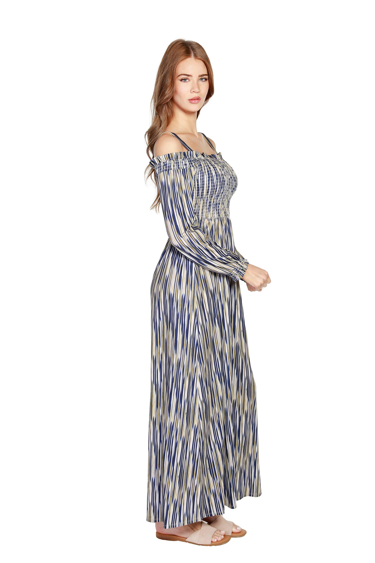 Women's Cold Shoulder Striped Knit Smocked Maxi Dress  |  LAST CALL
