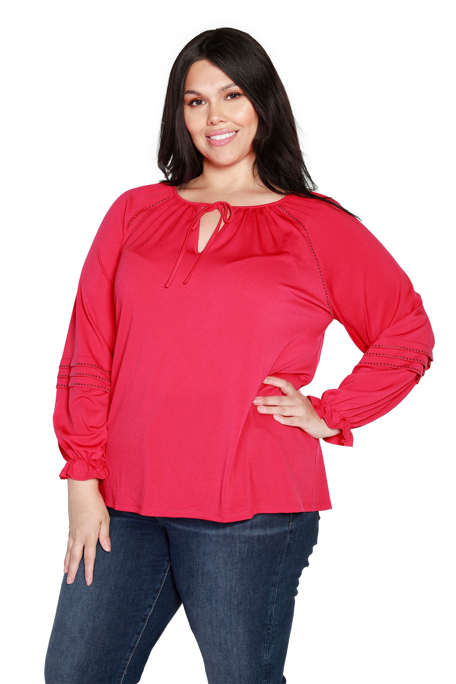 Women's Stud Embellished Knit Raglan Peasant Top | Curvy