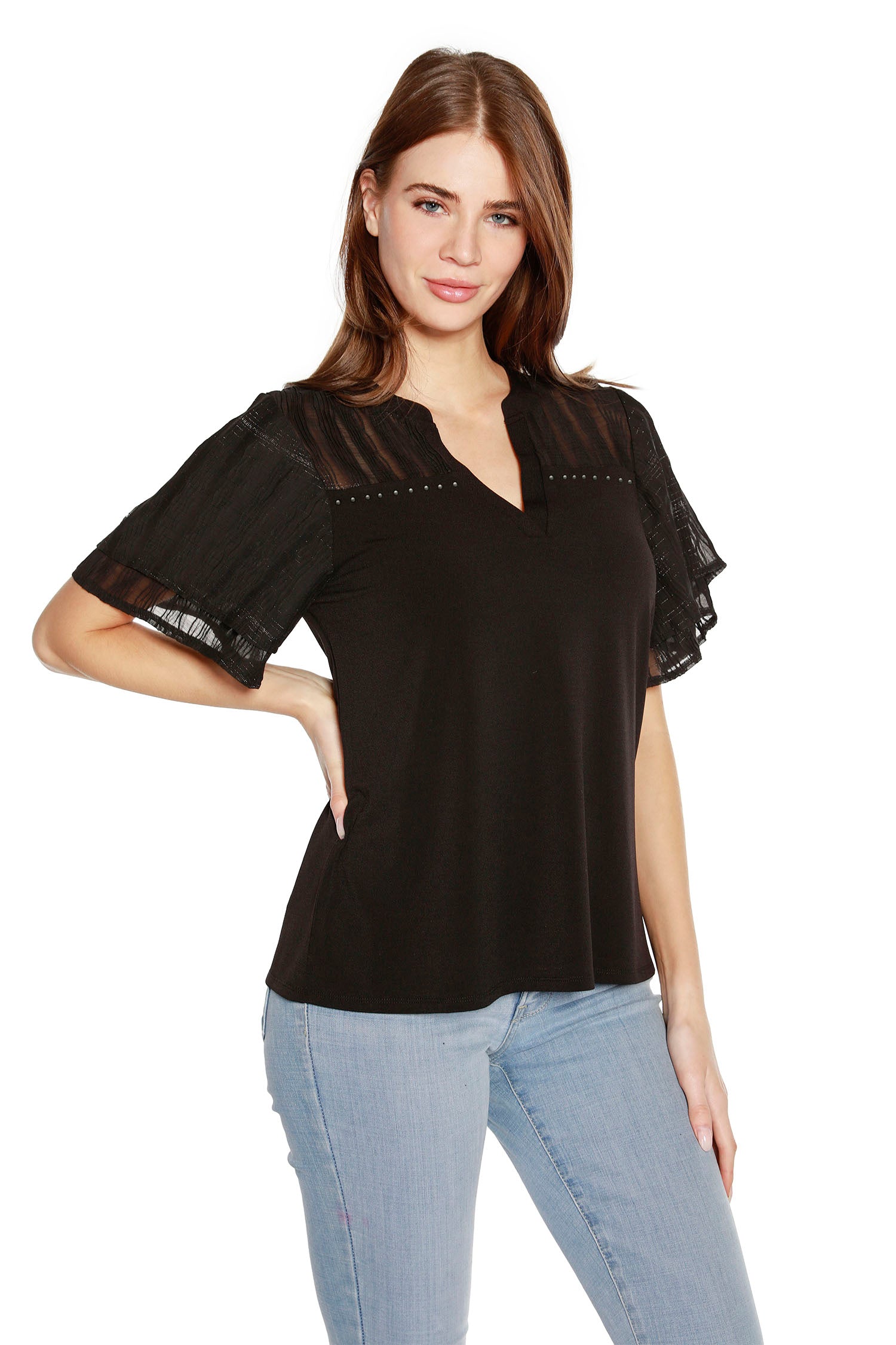 Women's Ruffled Bell Sleeve Top with Sheer Yoke and Sleeves and Nailhead Trim