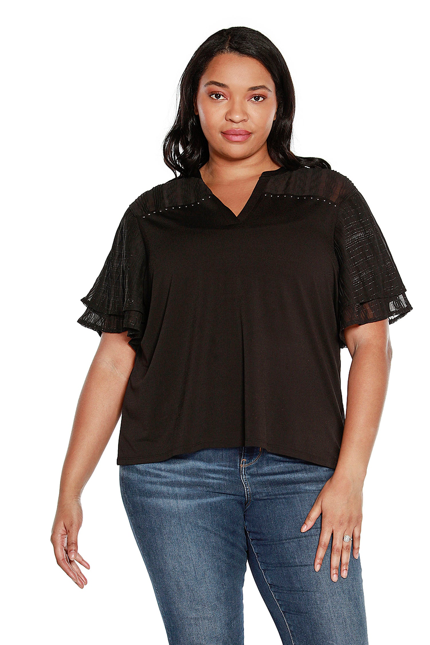 Women's Ruffled Bell Sleeve Top with Sheer Yoke and Sleeves and Nailhead Trim | Curvy