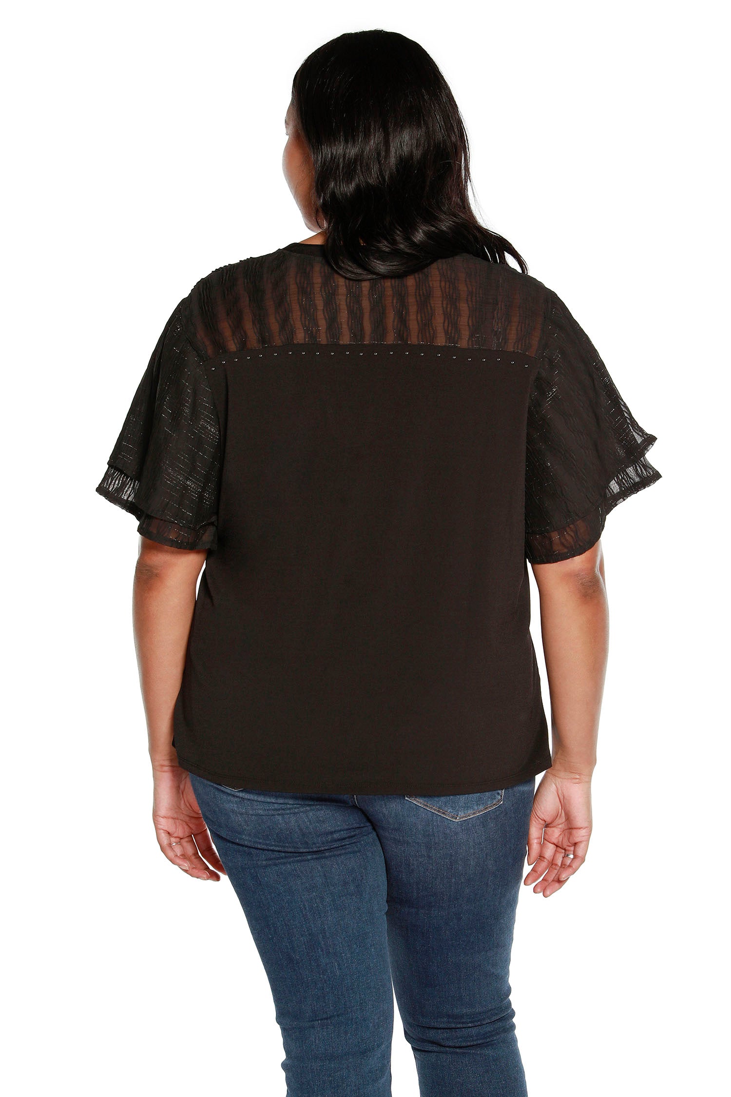 Women's Ruffled Bell Sleeve Top with Sheer Yoke and Sleeves and Nailhead Trim | Curvy
