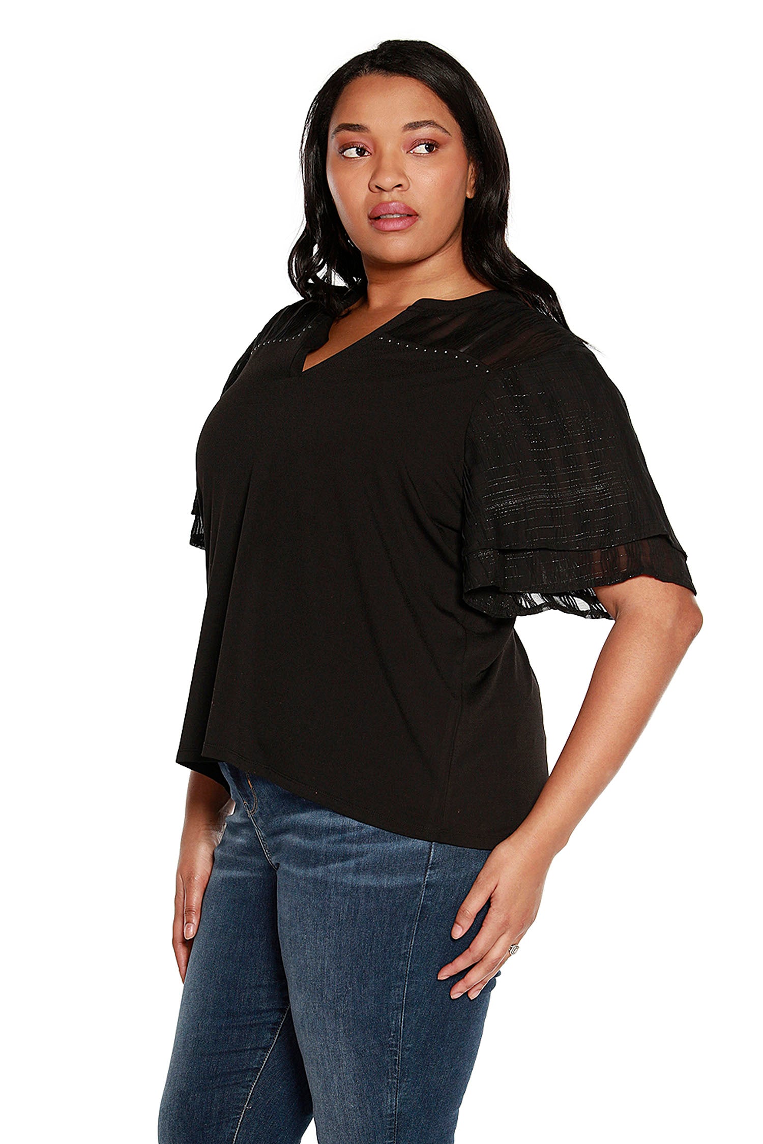 Women's Ruffled Bell Sleeve Top with Sheer Yoke and Sleeves and Nailhead Trim | Curvy
