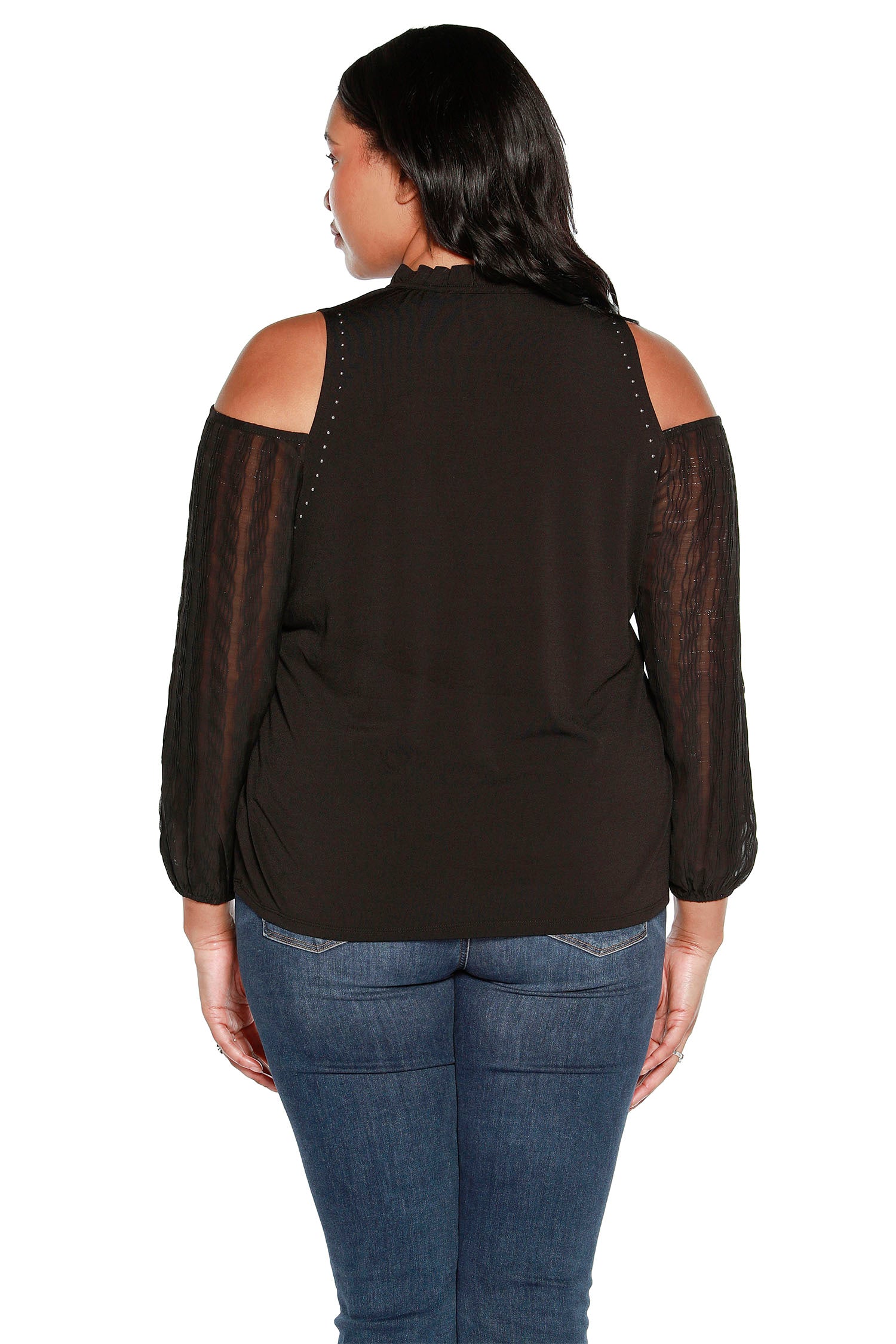 Women's Cold Shoulder Chiffon Sleeve Top with Lurex and Keyhole Neckline | Curvy