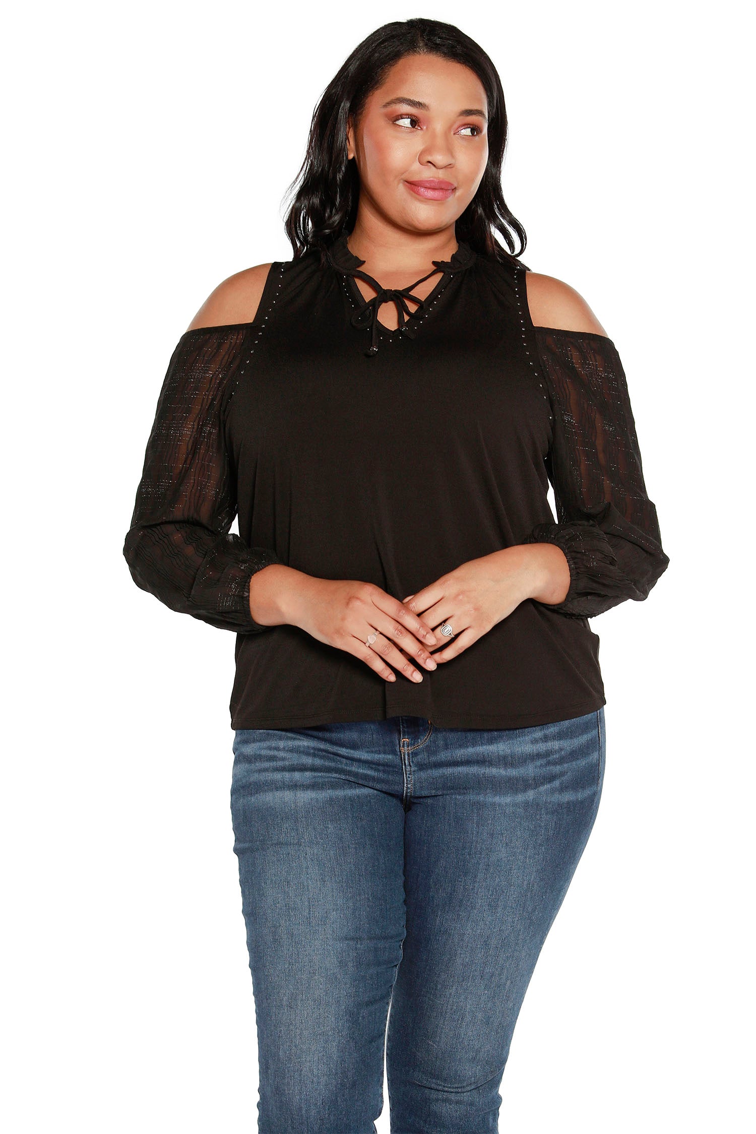 Women's Cold Shoulder Chiffon Sleeve Top with Lurex and Keyhole Neckline | Curvy