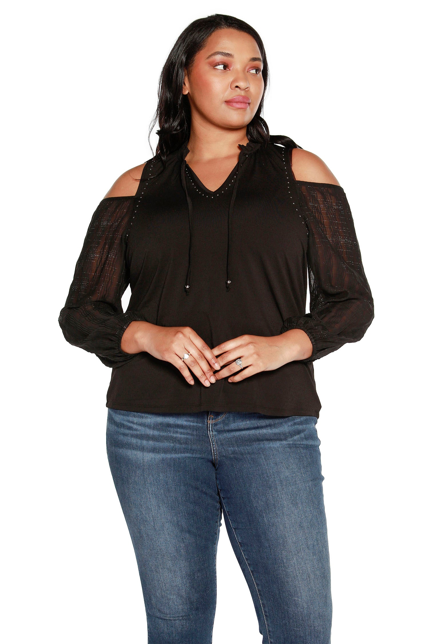 Women's Cold Shoulder Chiffon Sleeve Top with Lurex and Keyhole Neckline | Curvy