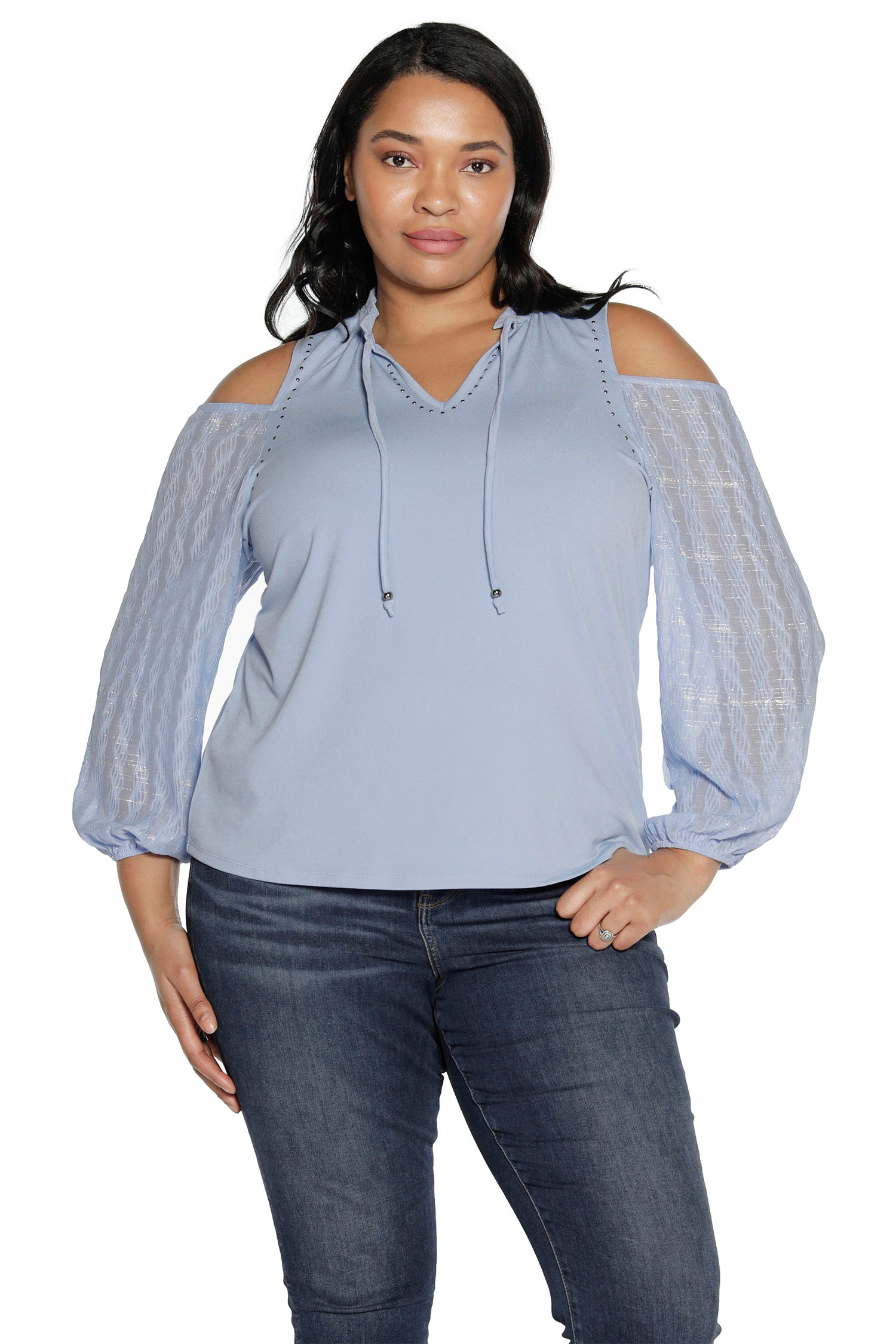 Women's Cold Shoulder Chiffon Sleeve Top with Lurex and Keyhole Neckline | Curvy