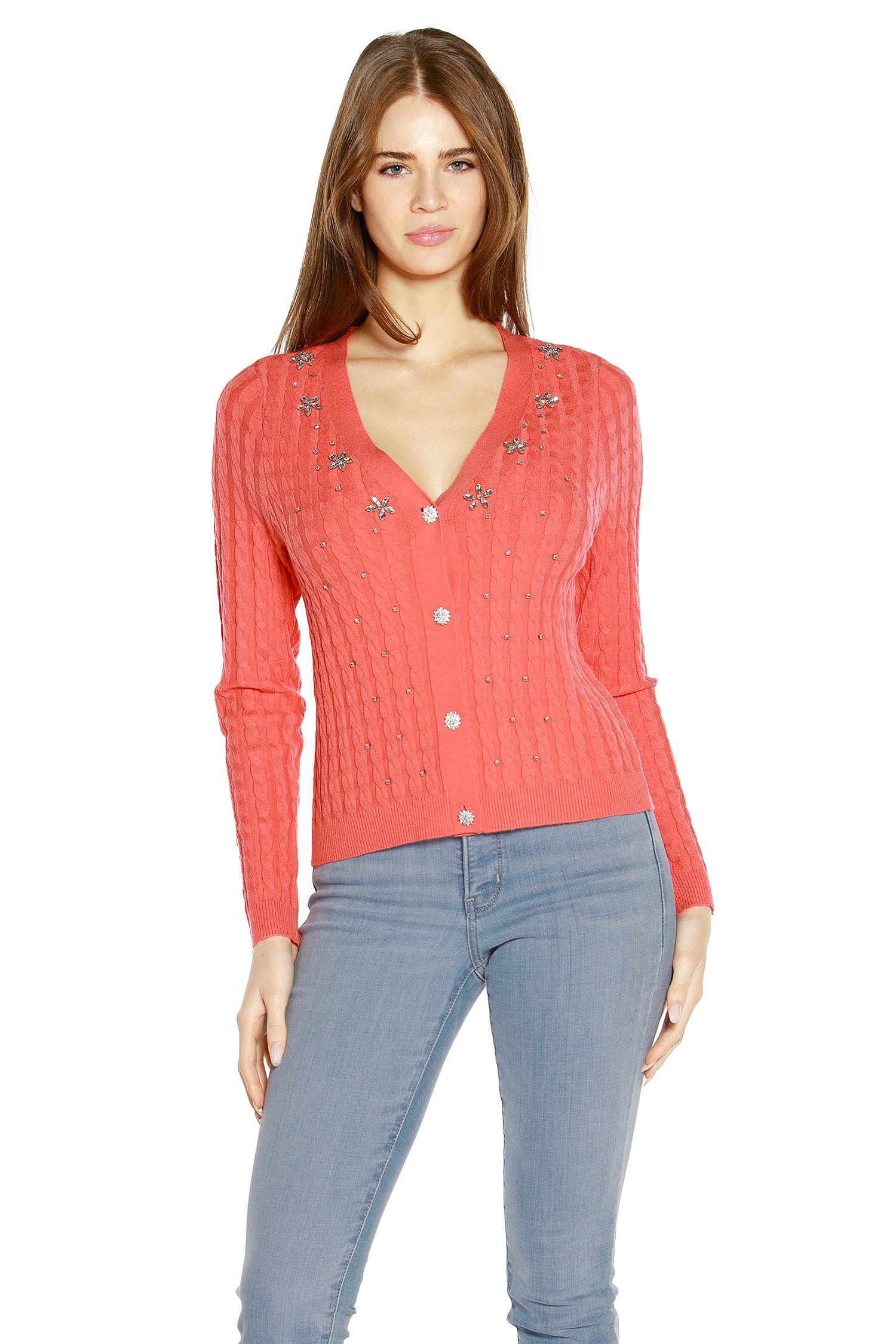 Women’s Rhinestone Embellished Delicate Cable Knit Cropped Cardigan