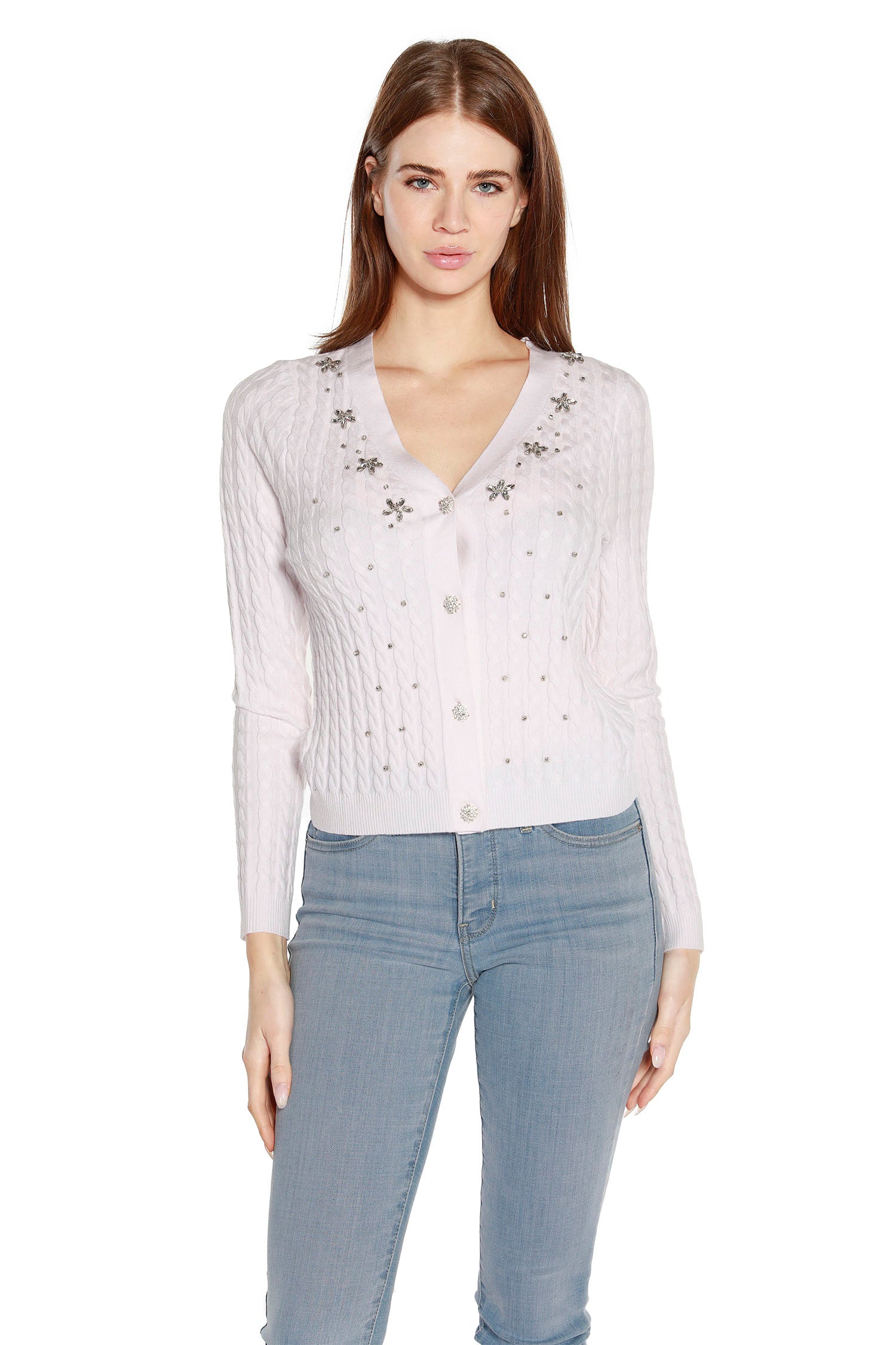 Women’s Rhinestone Embellished Delicate Cable Knit Cropped Cardigan