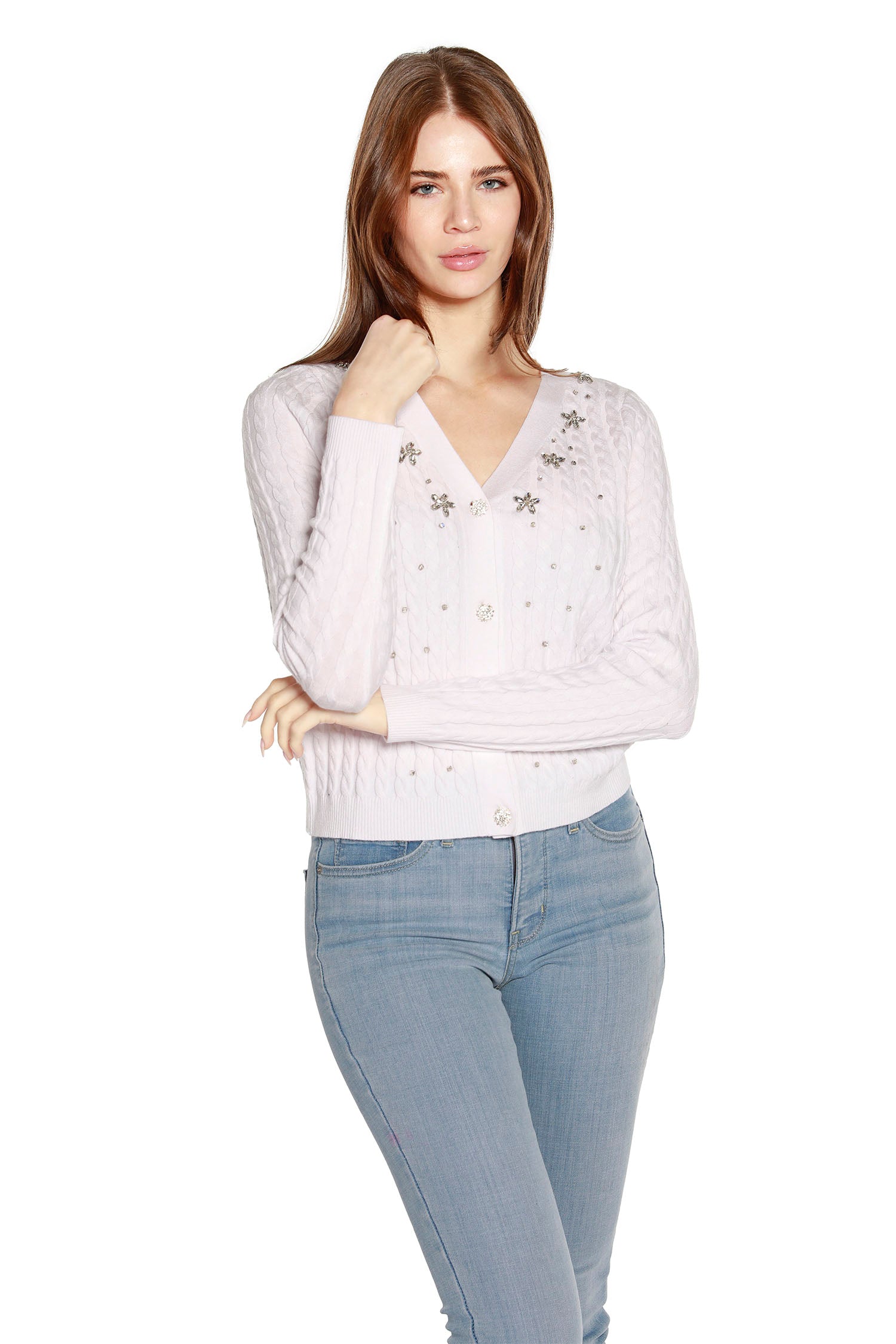 Women’s Rhinestone Embellished Delicate Cable Knit Cropped Cardigan