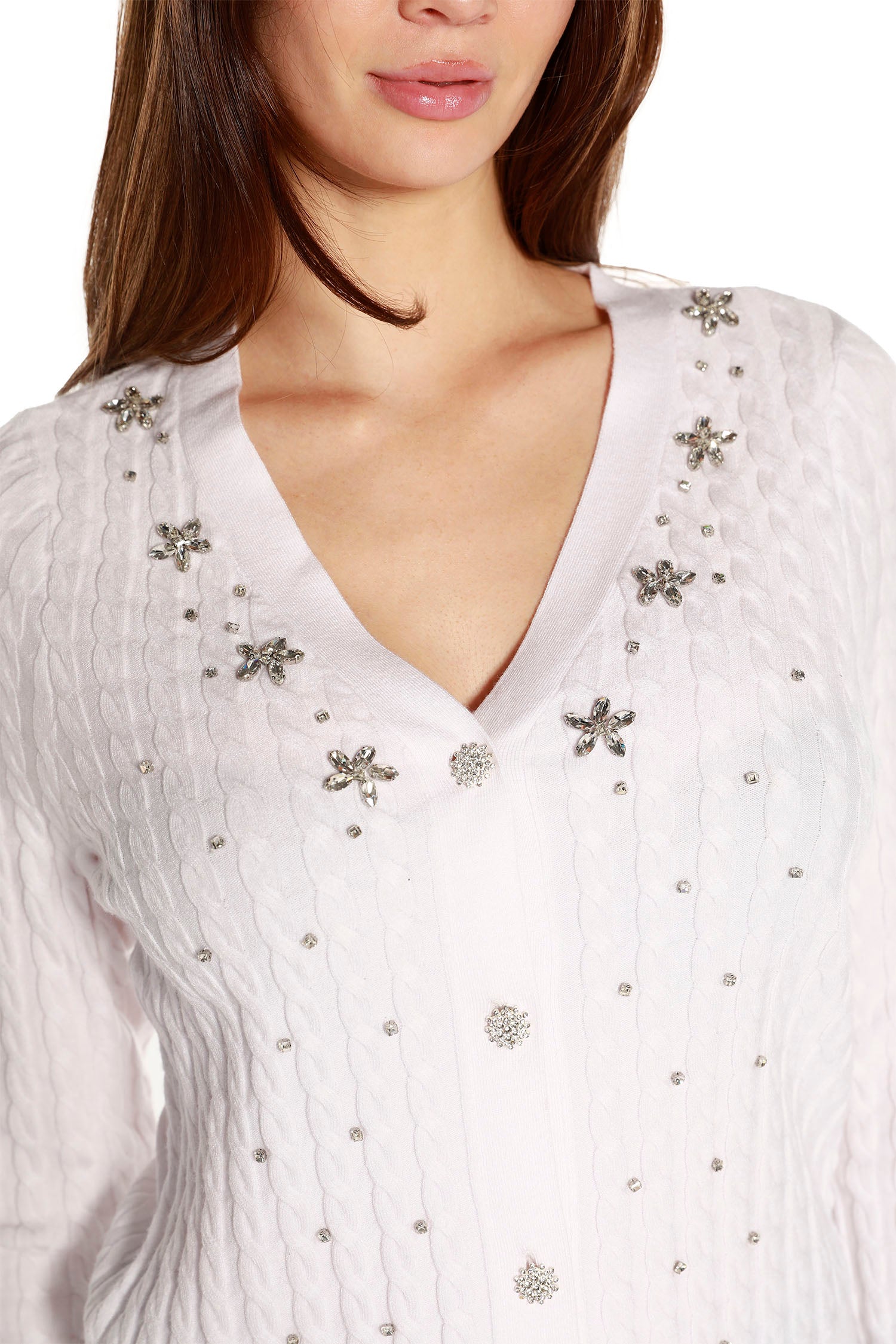 Women’s Rhinestone Embellished Delicate Cable Knit Cropped Cardigan
