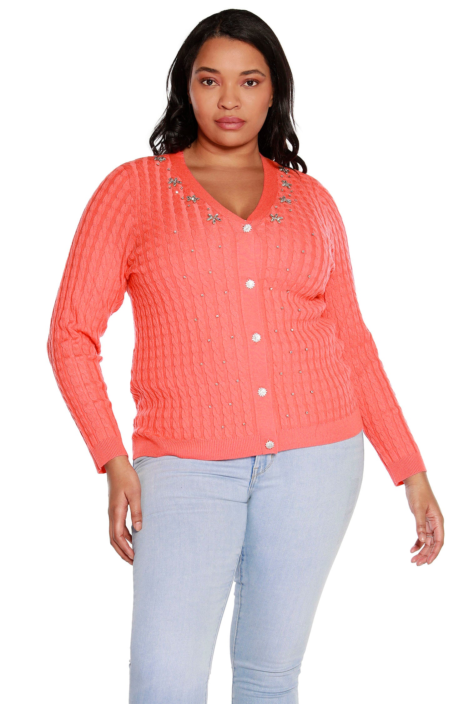 Women’s Rhinestone Embellished Delicate Cable Knit Cropped Cardigan | Curvy