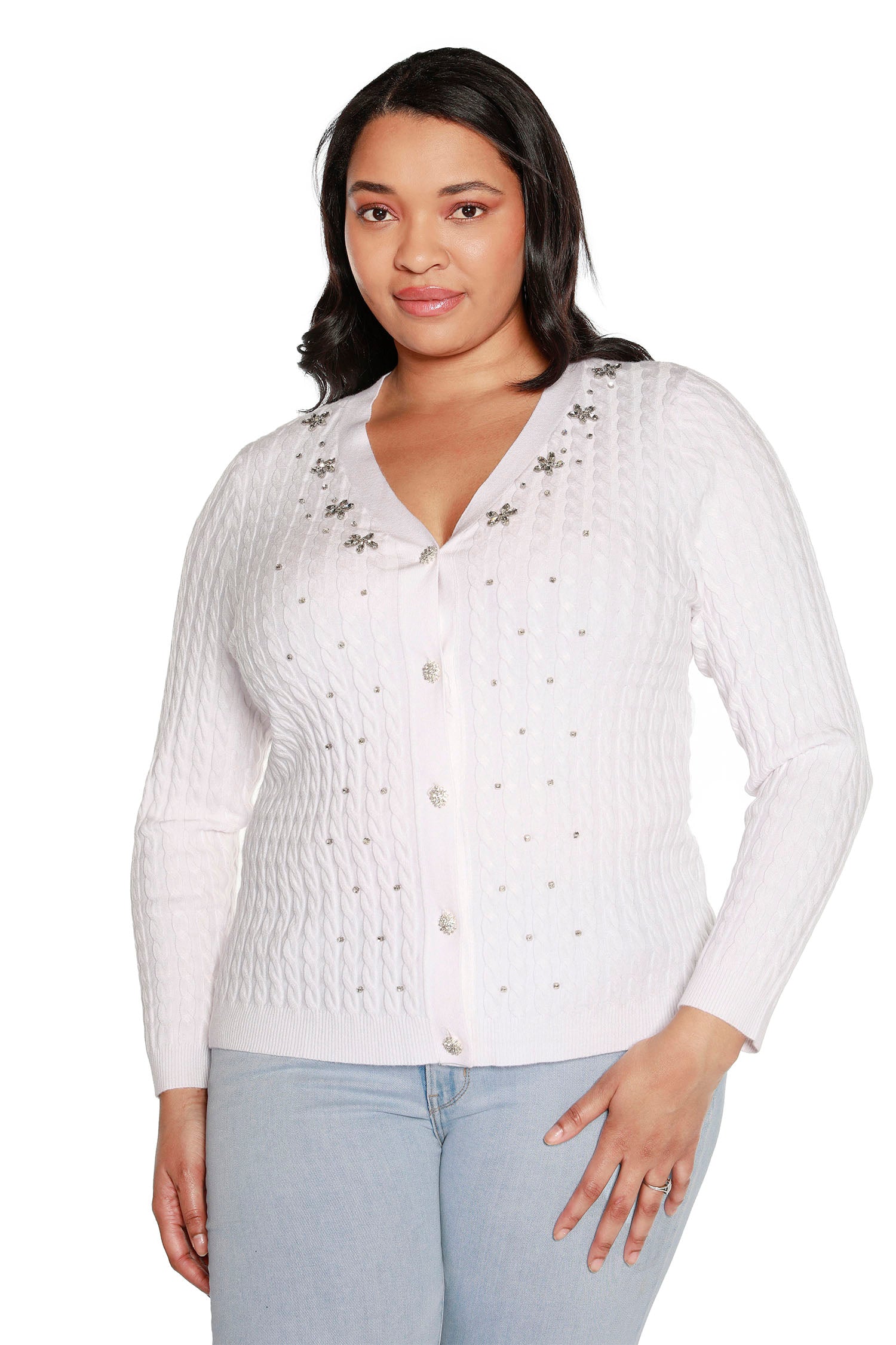 Women’s Rhinestone Embellished Delicate Cable Knit Cropped Cardigan | Curvy