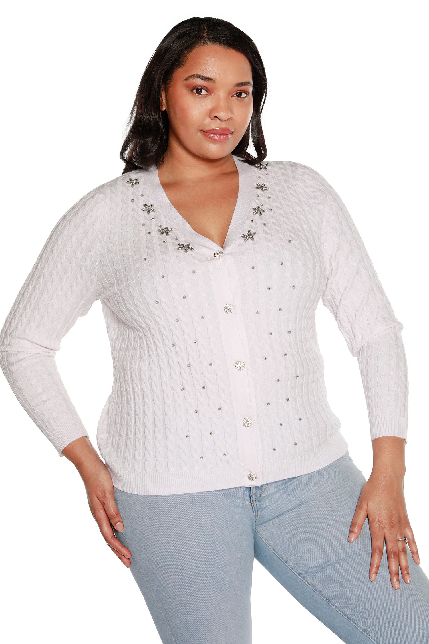 Women’s Rhinestone Embellished Delicate Cable Knit Cropped Cardigan | Curvy