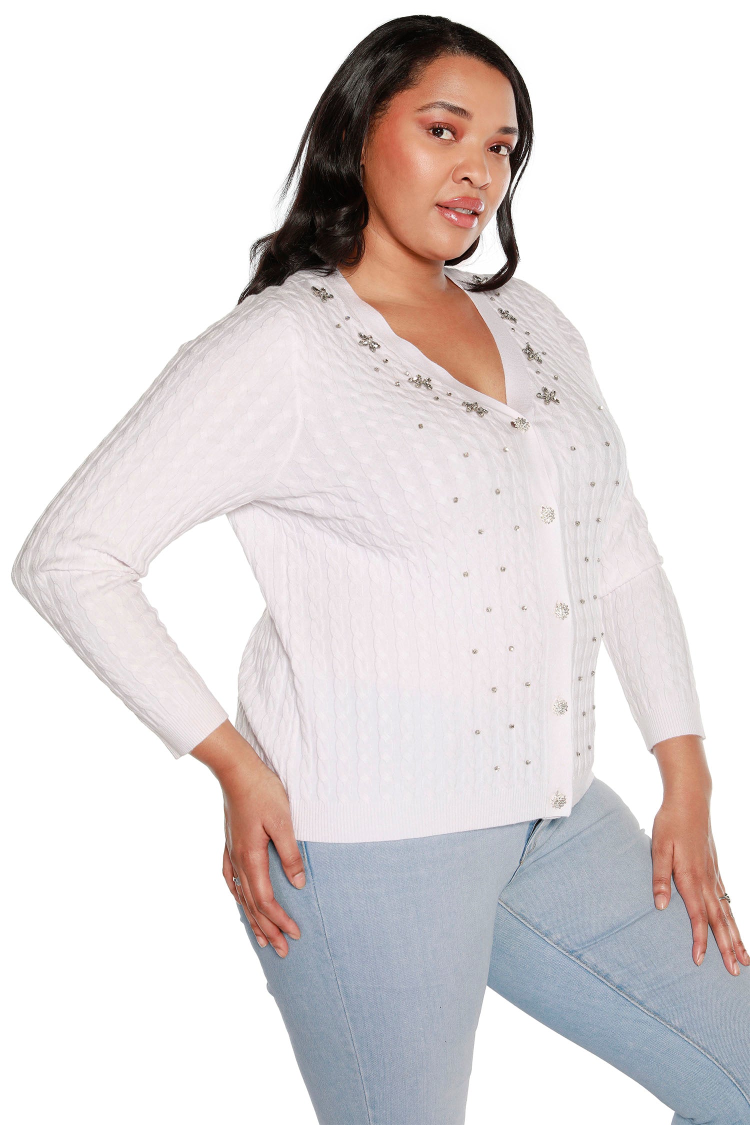 Women’s Rhinestone Embellished Delicate Cable Knit Cropped Cardigan | Curvy