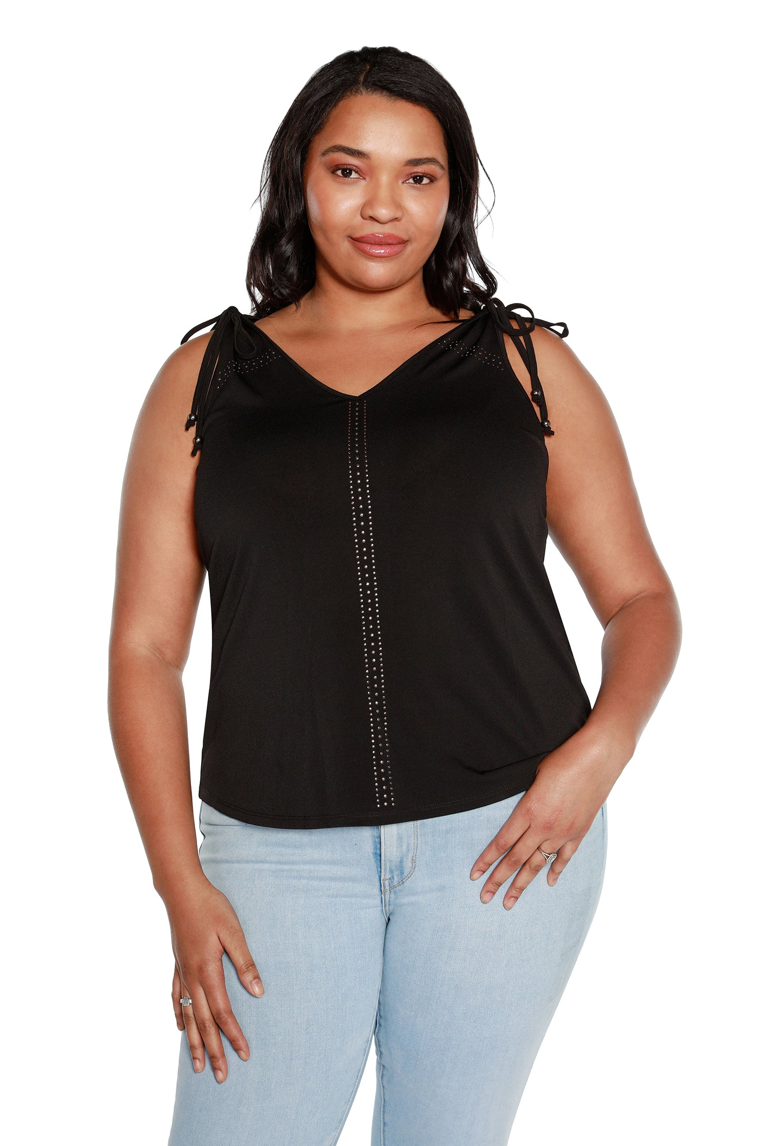 Women’s Crepe Jersey Halter Tank with Nailheads and Shoulder Ties | Curvy