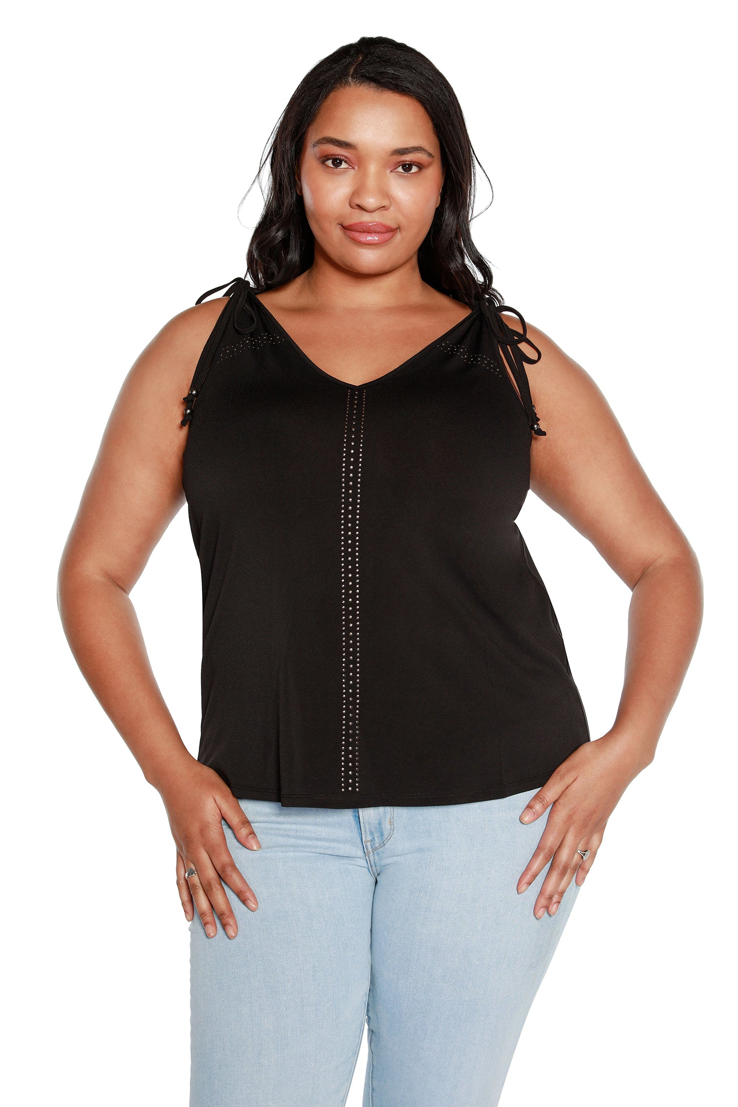 Women’s Crepe Jersey Halter Tank with Nailheads and Shoulder Ties | Curvy