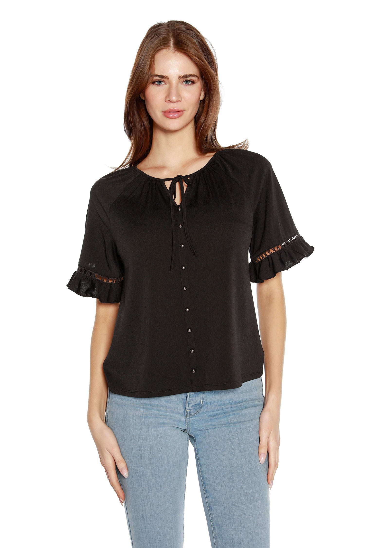 Women’s Ruffled Raglan Bell Sleeve Tunic with Ladder Lace