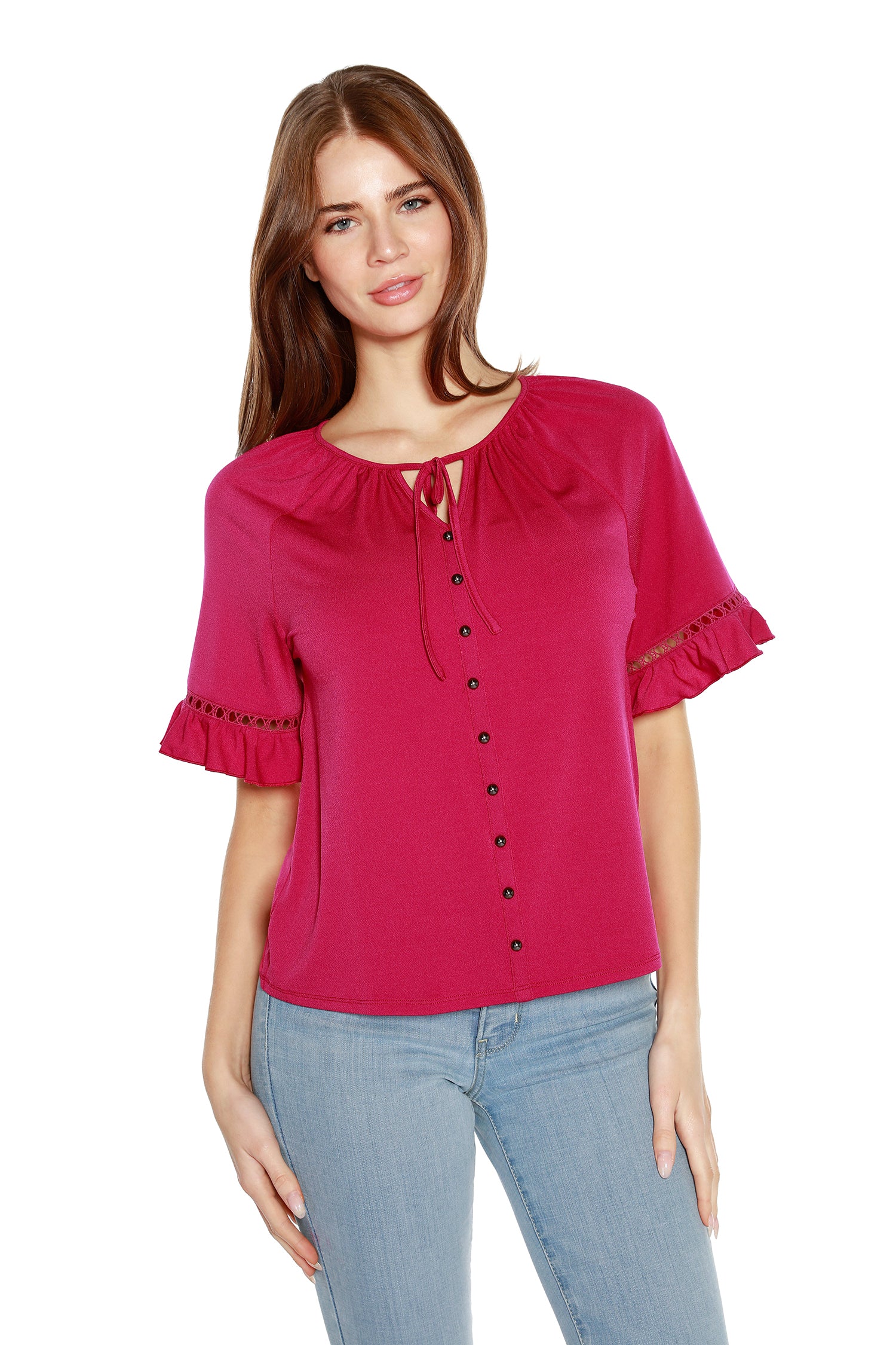 Women’s Ruffled Raglan Bell Sleeve Tunic with Ladder Lace