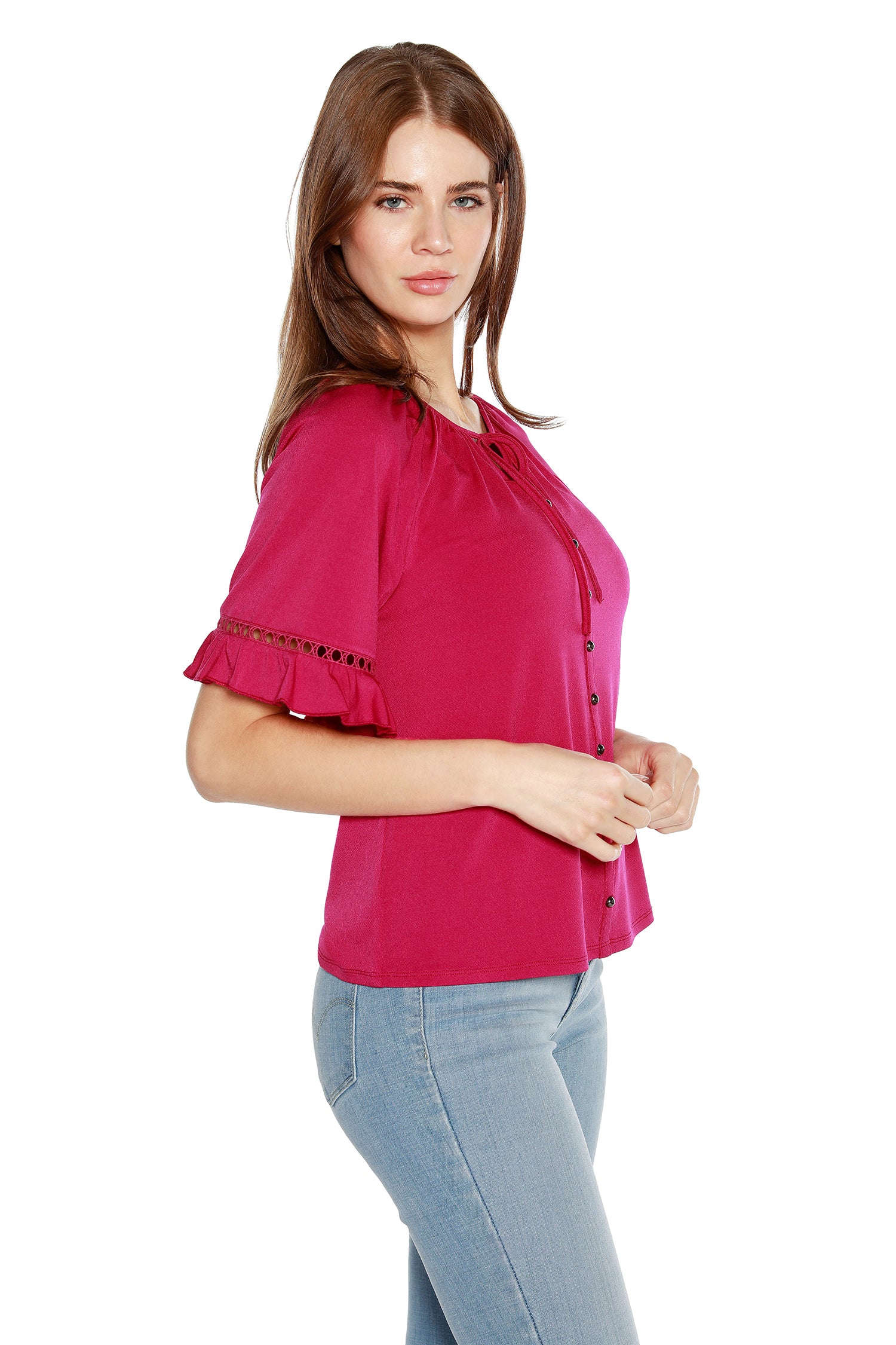 Women’s Ruffled Raglan Bell Sleeve Tunic with Ladder Lace
