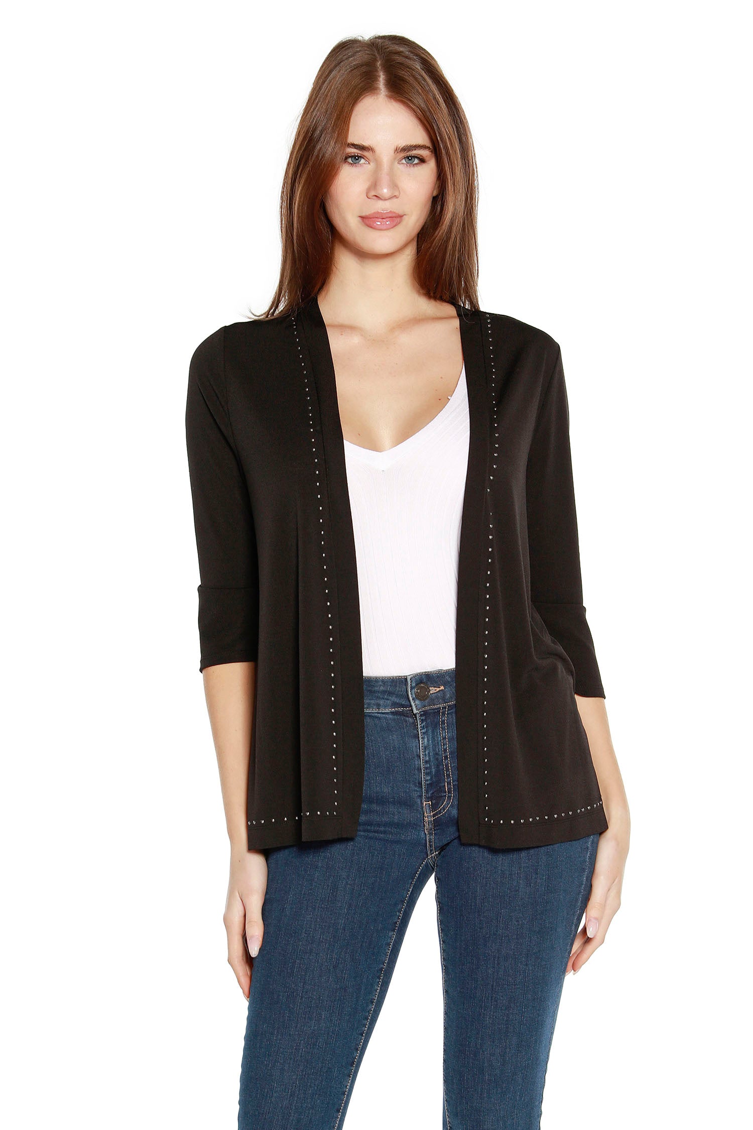 Women's Open Front Cardigan with 3/4 Sleeves and Nailhead Trim