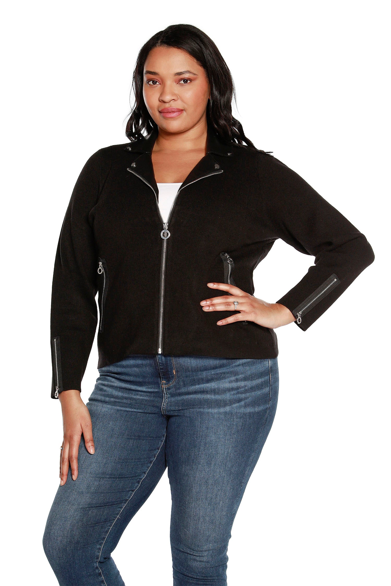 Women's Super Soft Moto-Inspired Jacket with Vegan Leather Collar | Curvy