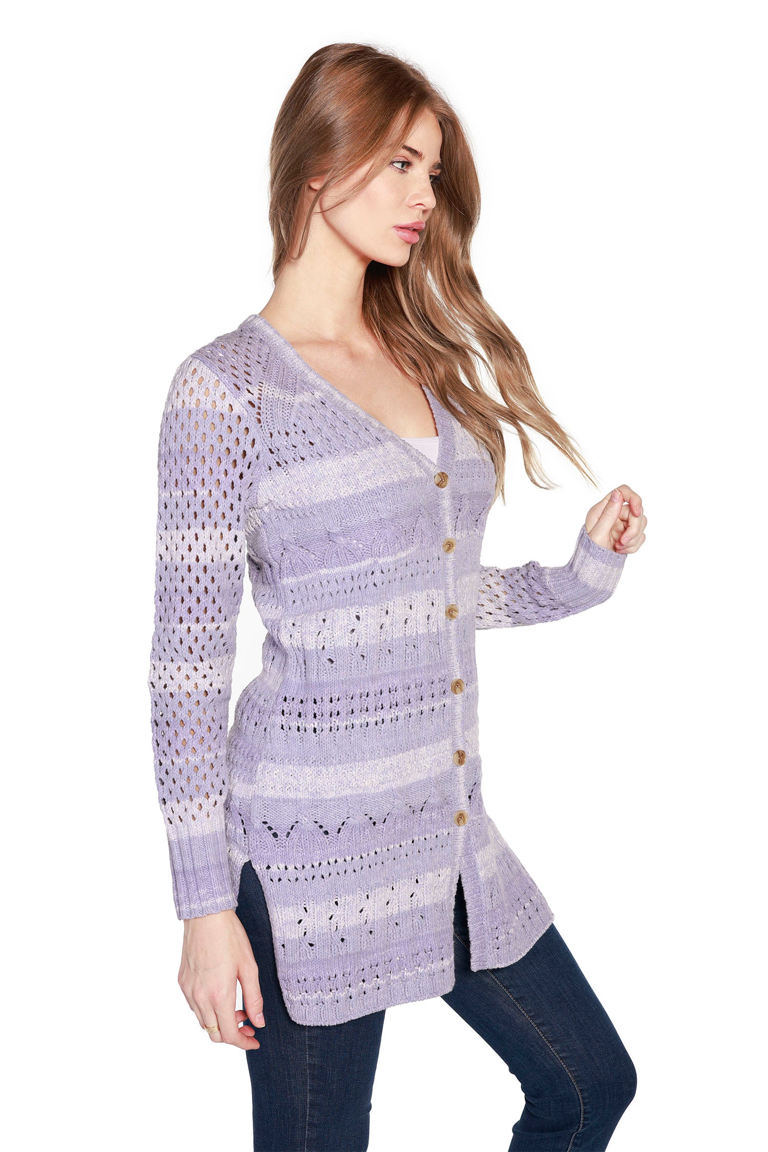 Women's Space Dye Button Front Long Duster Cardigan with Pointelle Details - LAST CALL