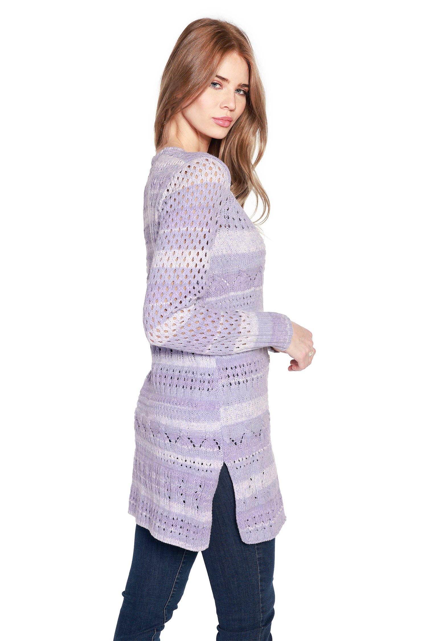 Women's Space Dye Button Front Long Duster Cardigan with Pointelle Details - LAST CALL