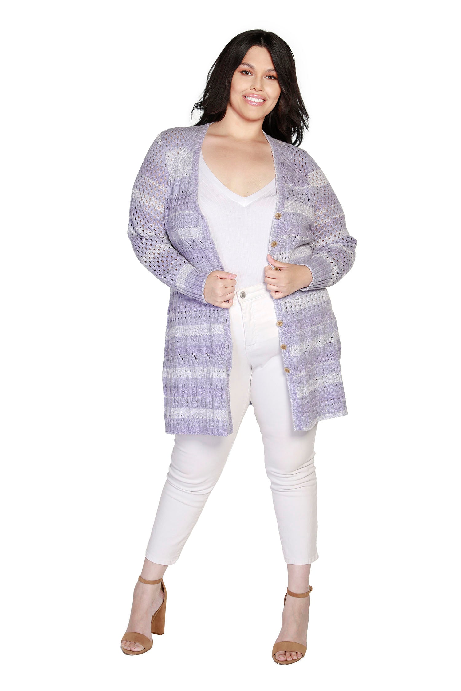 Women's Space Dye Button Front Long Duster Cardigan with Pointelle Details | Curvy - LAST CALL