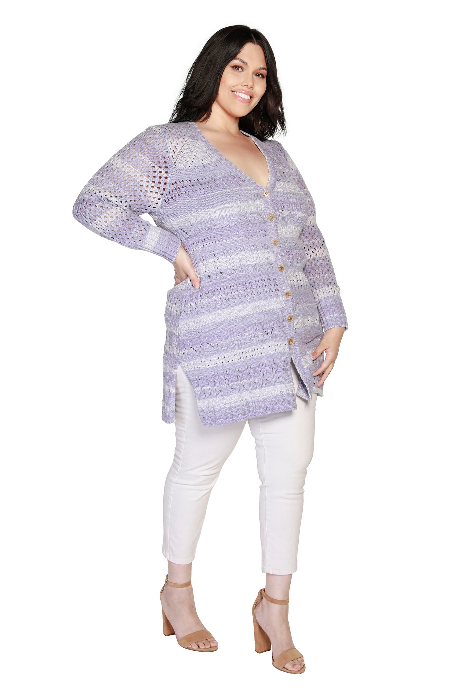 Women's Space Dye Button Front Long Duster Cardigan with Pointelle Details | Curvy - LAST CALL