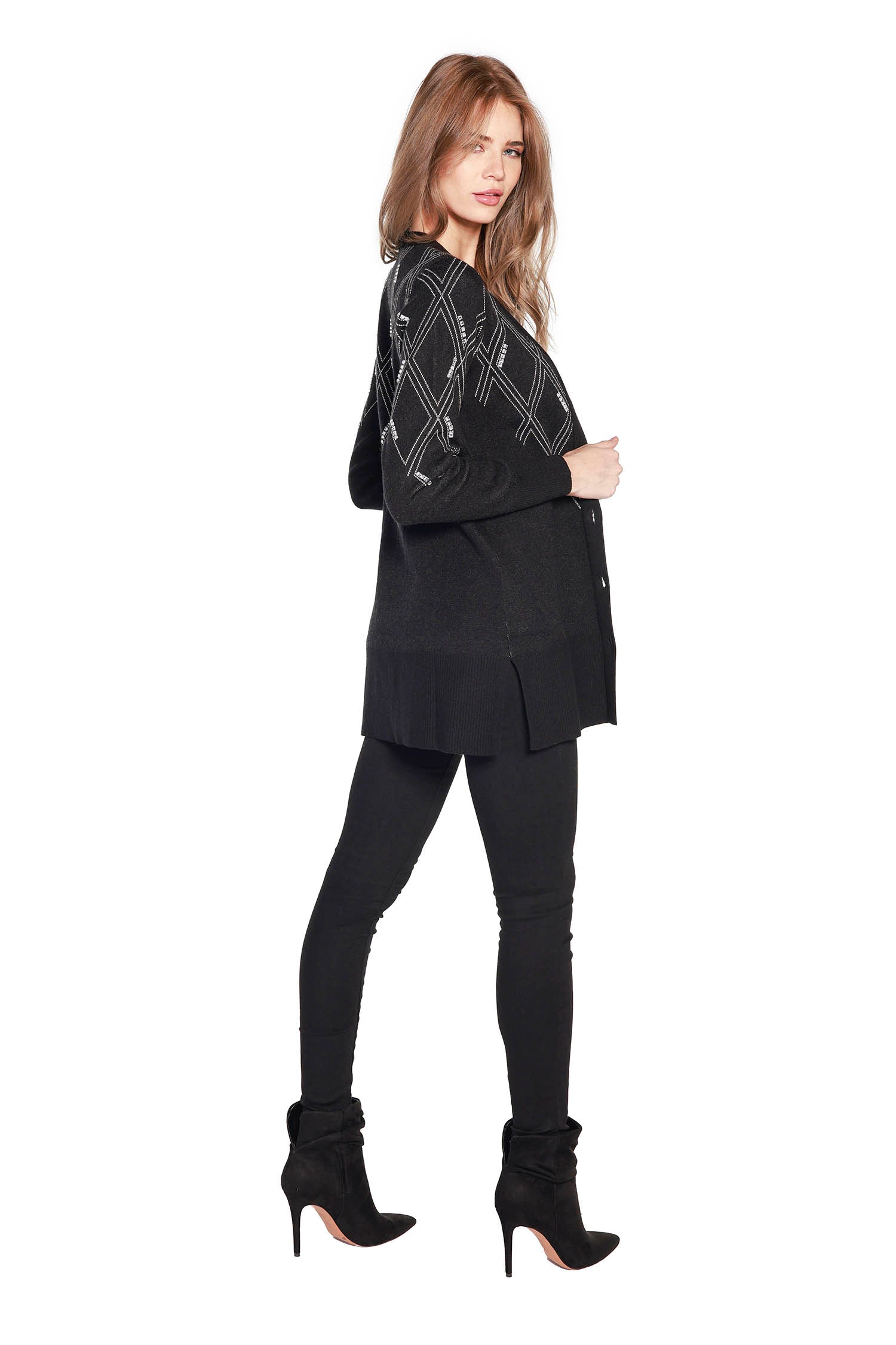 Women's Long Cable Knit Cardigan with Rhinestone Detail - LAST CALL