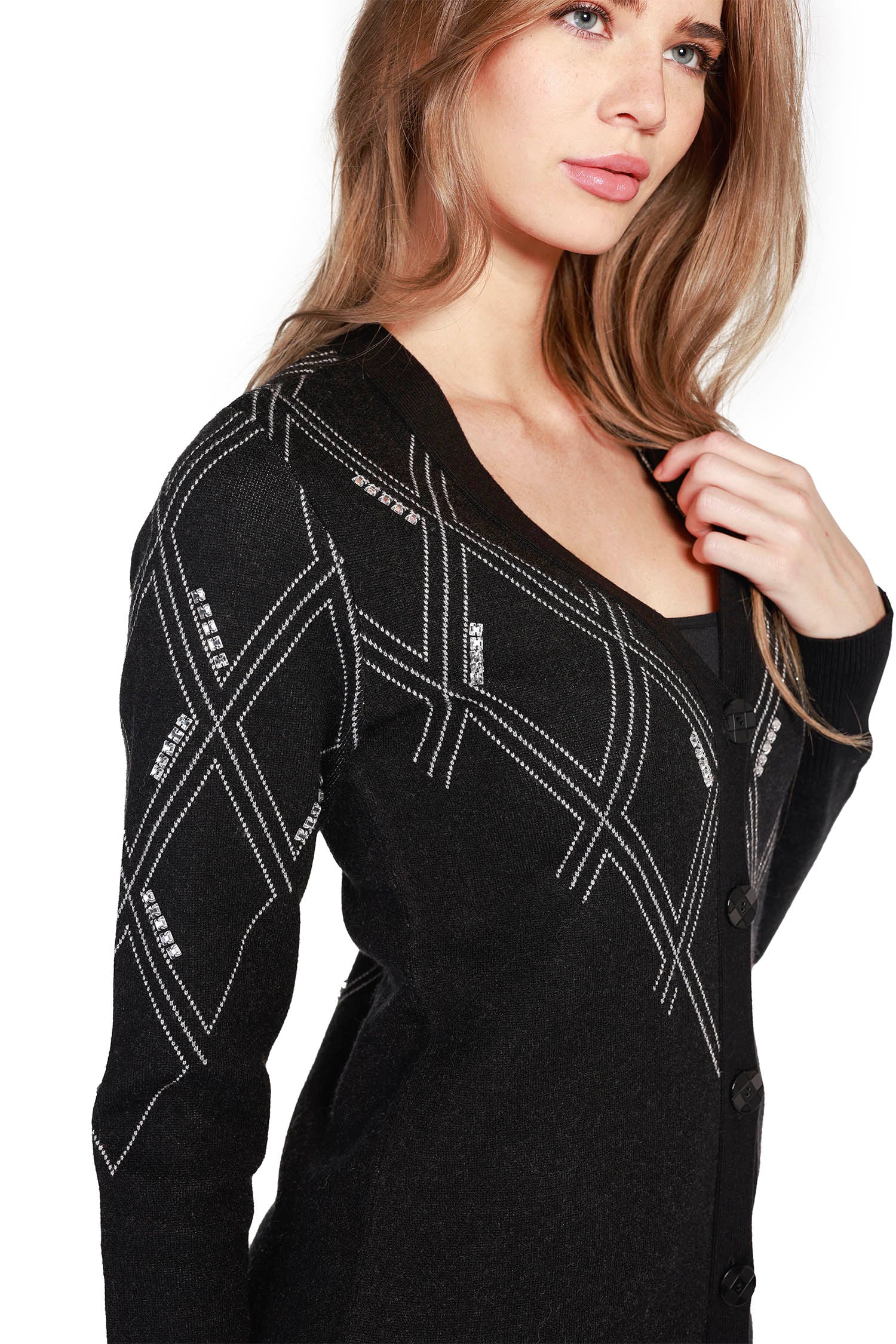 Women's Long Cable Knit Cardigan with Rhinestone Detail - LAST CALL