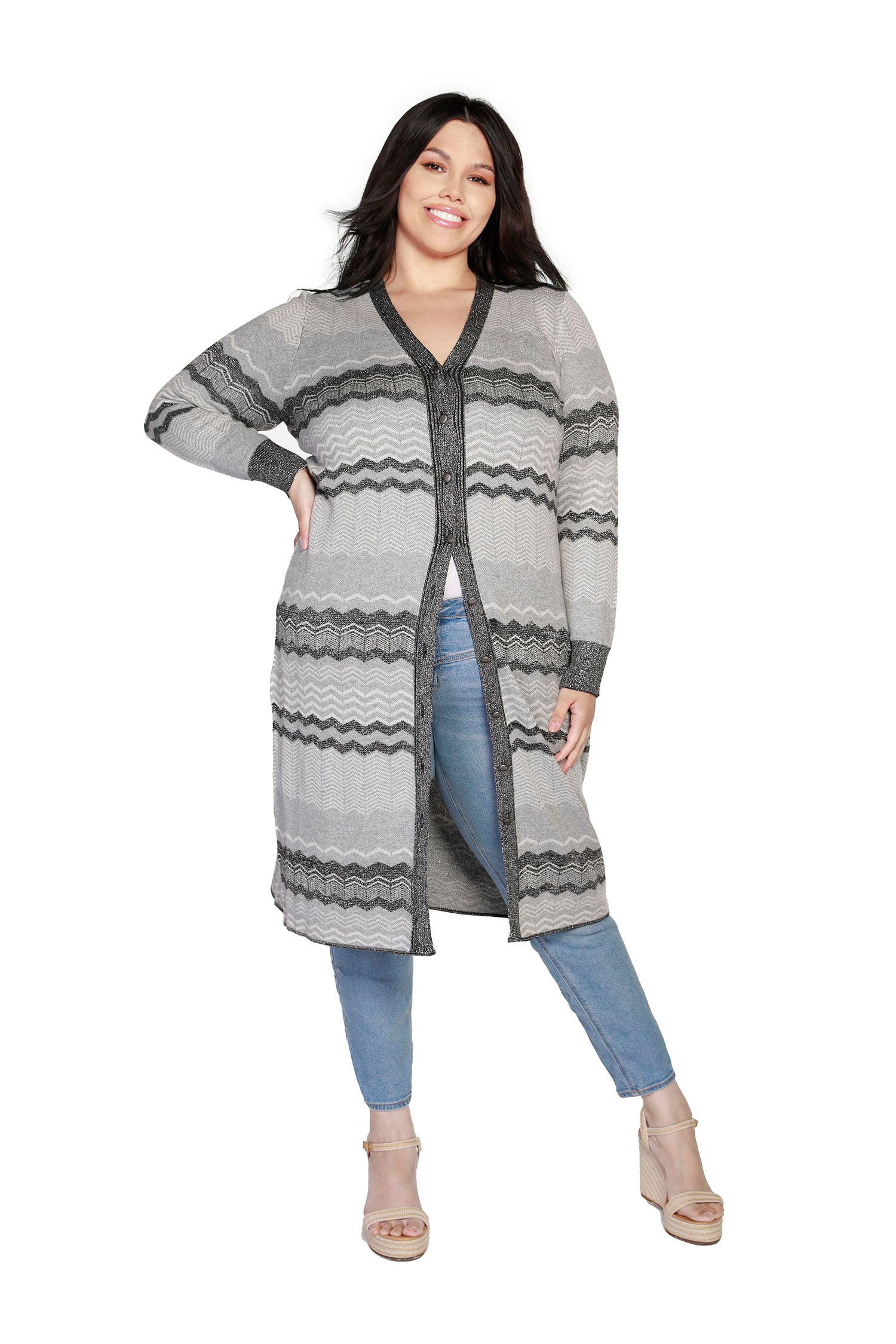Women's Chevron Striped Button Front Duster Cardigan with Lurex | Curvy LAST CALL