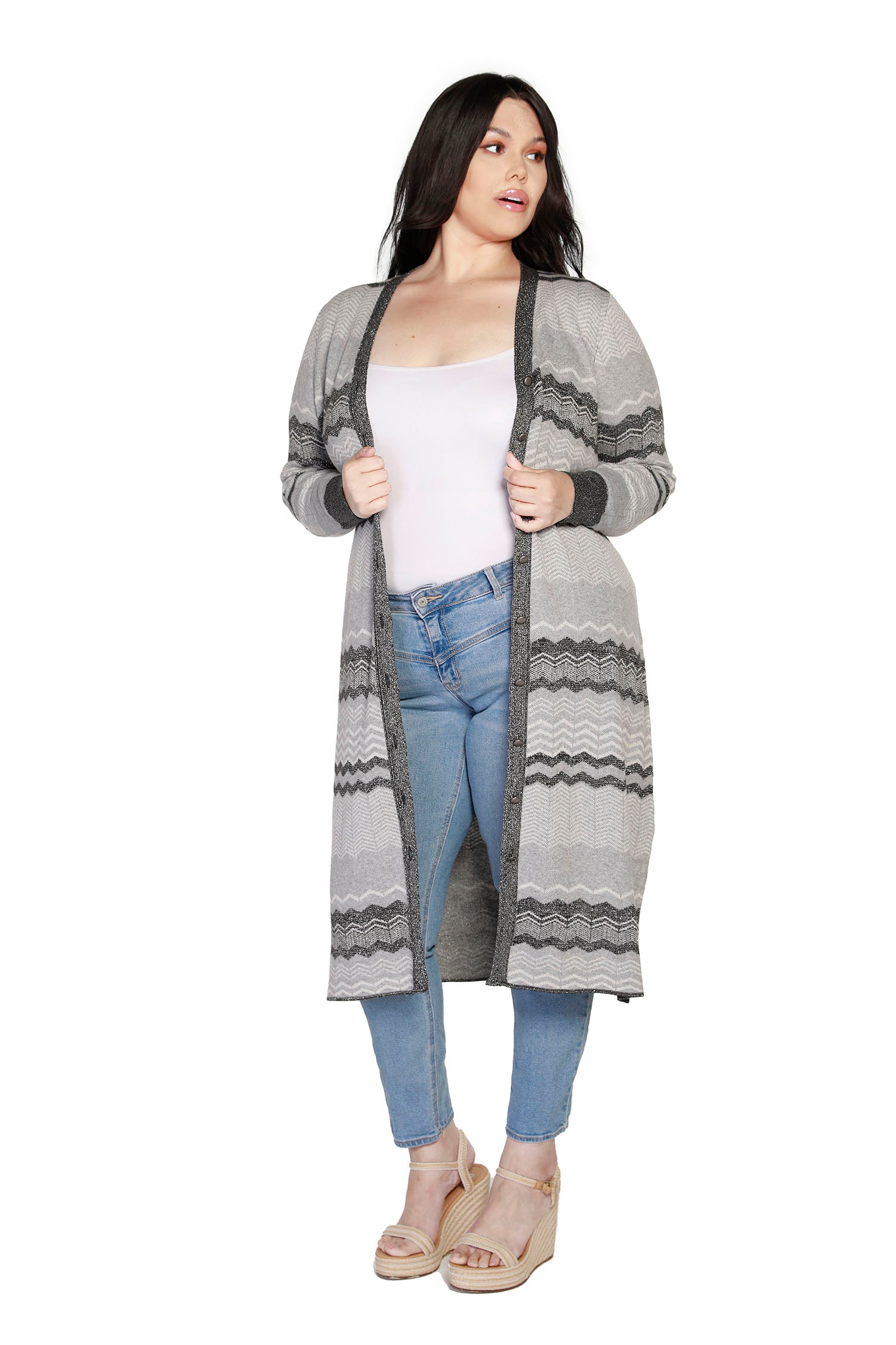 Women's Chevron Striped Button Front Duster Cardigan with Lurex | Curvy LAST CALL