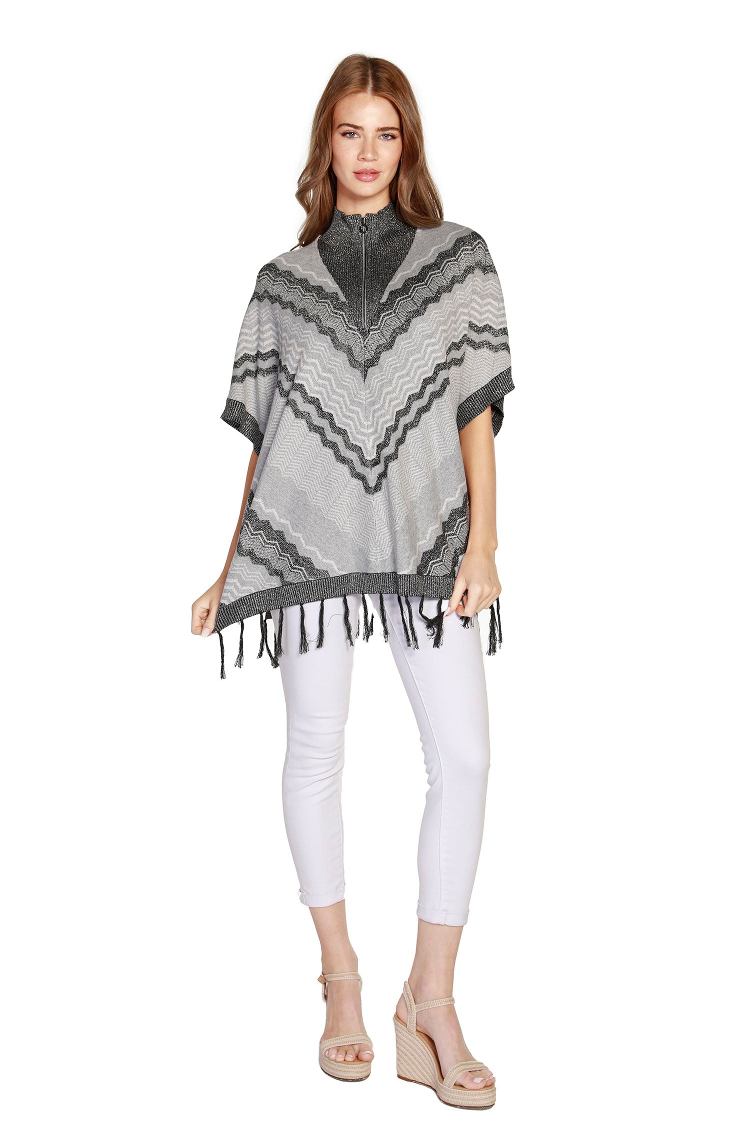 Women's Fashion Tunic Poncho with Lurex and Fringe | LAST CALL