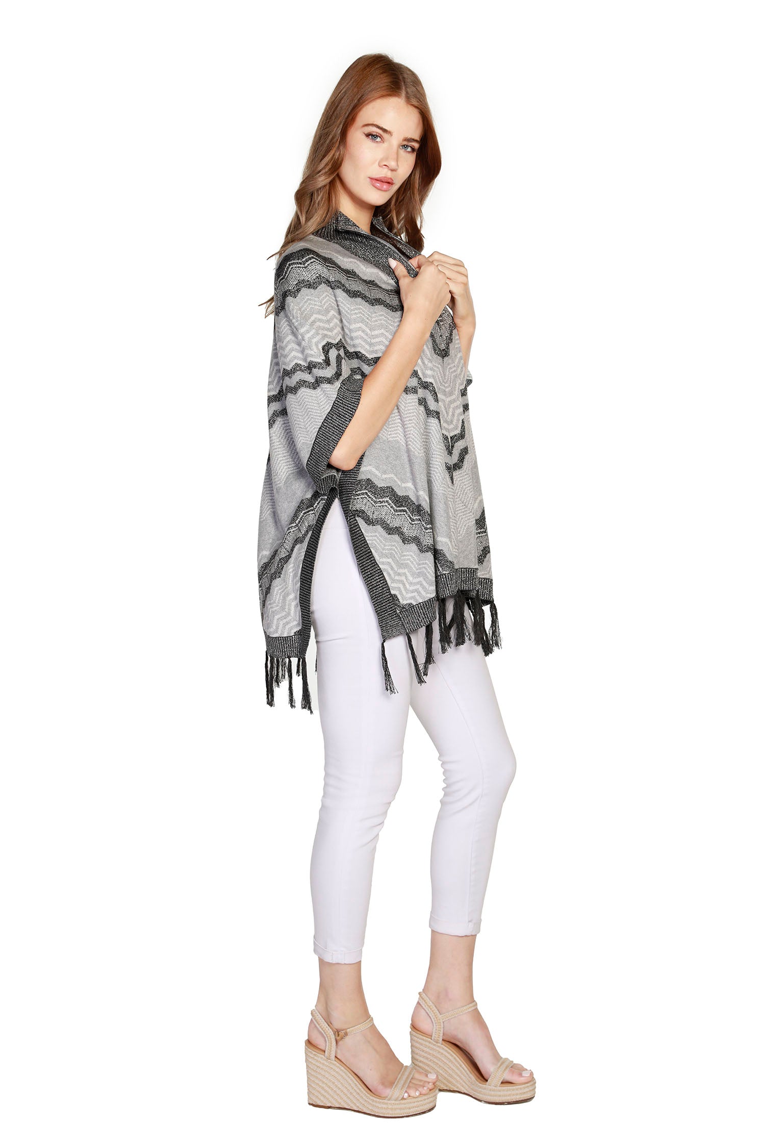 Women's Fashion Tunic Poncho with Lurex and Fringe | LAST CALL